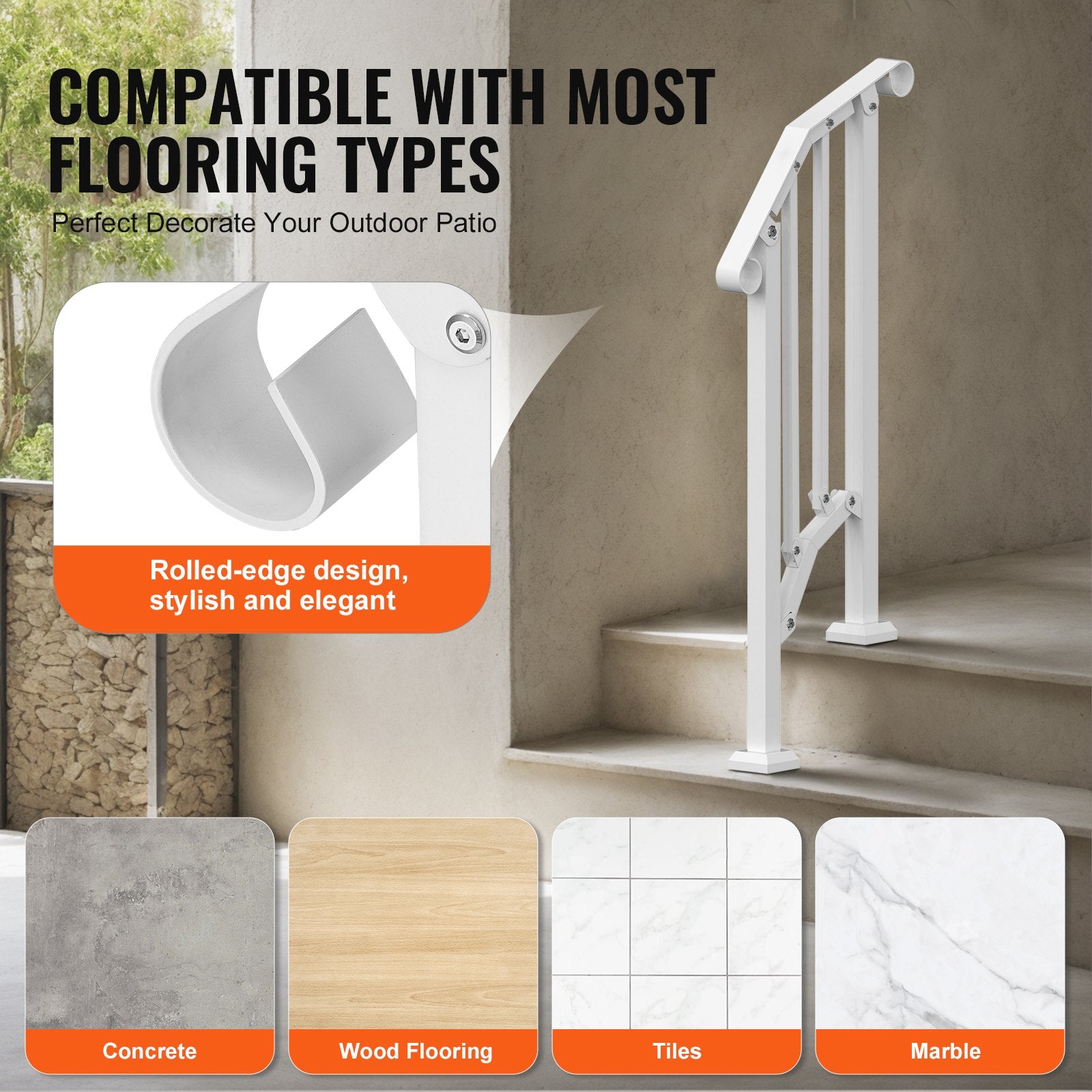 Mobility & Accessibility: VEVOR Handrails for Outdoor Steps, 1-2 Step Stair Hand Rail Kit, Transitional Carbon Steel Railings with Installation Kit, Stair Rails for Seniors, Concrete Steps & Porch & Deck, White Retro Arch