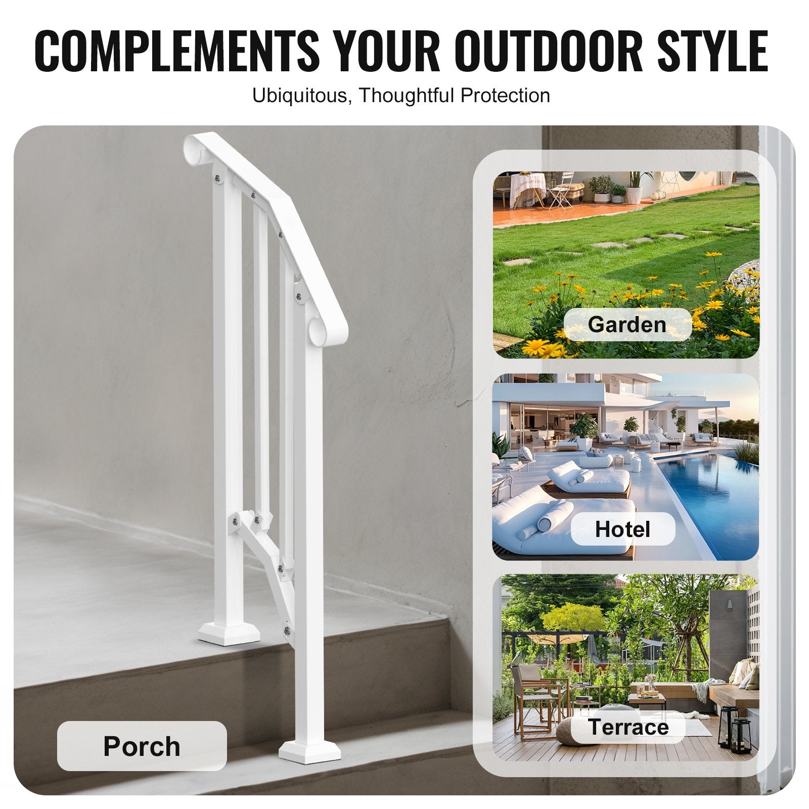 Mobility & Accessibility: VEVOR Handrails for Outdoor Steps, 1-2 Step Stair Hand Rail Kit, Transitional Carbon Steel Railings with Installation Kit, Stair Rails for Seniors, Concrete Steps & Porch & Deck, White Retro Arch