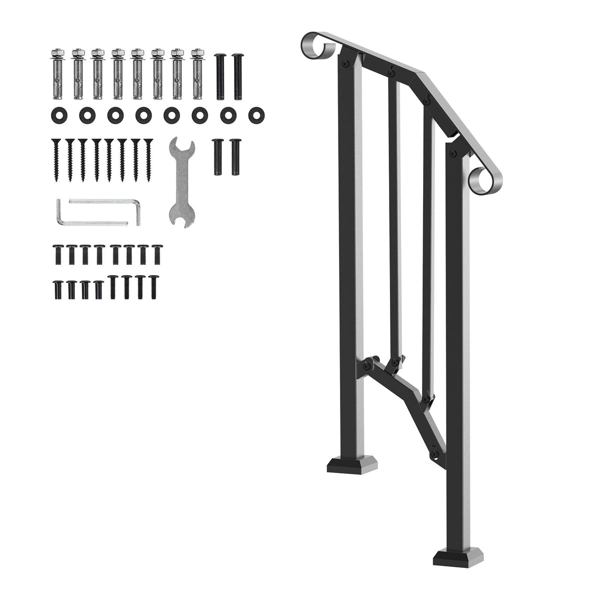 Handrails for Outdoor Steps, 1-2 Step Stair Hand Rail Kit, Transitional Carbon Steel Railings with Installation Kit, Stair Rails for Seniors, Concrete Steps & Porch & Deck, Black Retro Arch