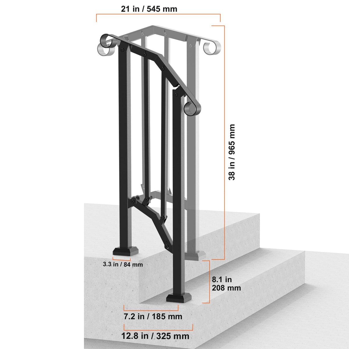Handrails for Outdoor Steps, 1-2 Step Stair Hand Rail Kit, Transitional Carbon Steel Railings with Installation Kit, Stair Rails for Seniors, Concrete Steps & Porch & Deck, Black Retro Arch