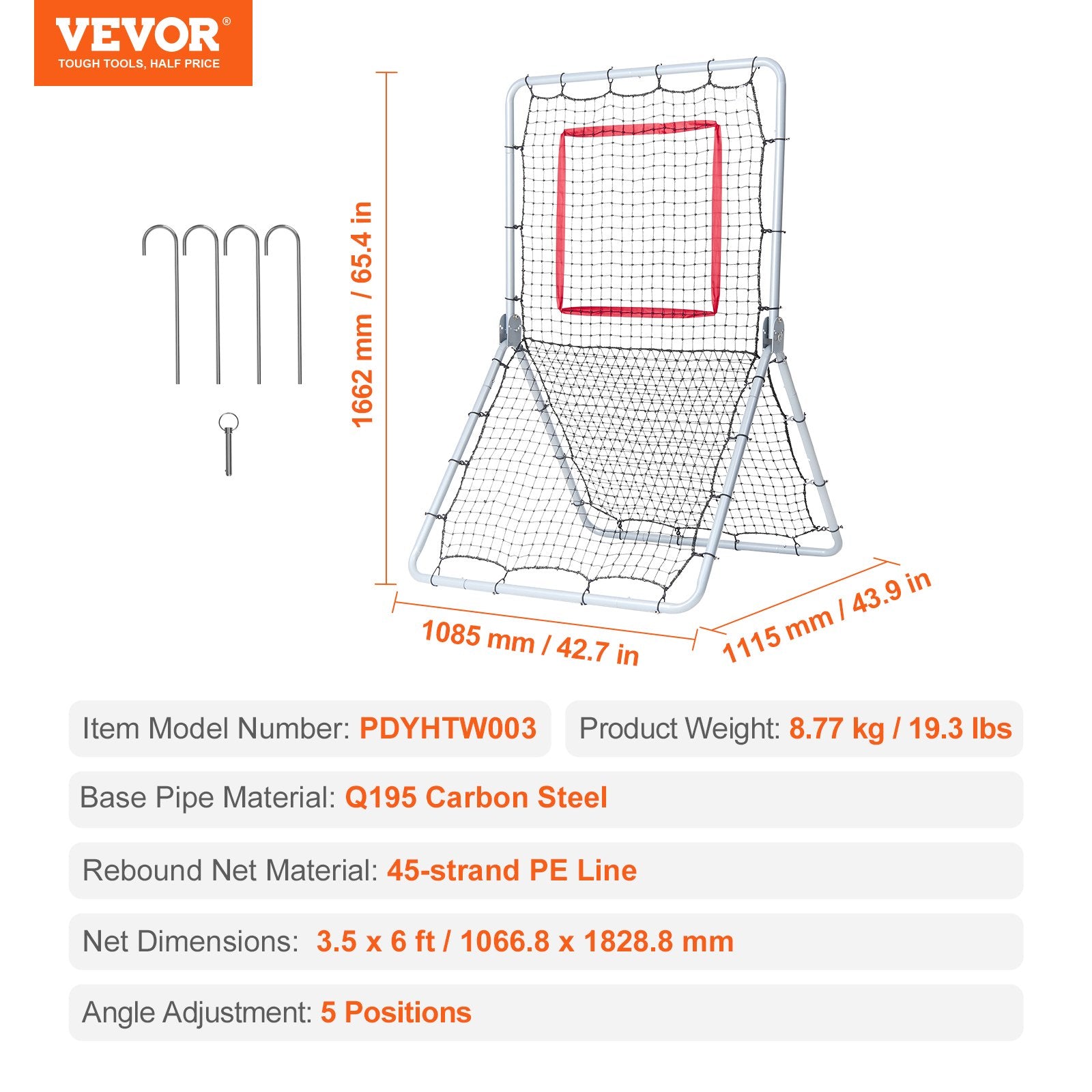 Basketball & Basketball Accessories: VEVOR Baseball And Softball Rebounder Net, 3.5 x 6 ft PitchBack Baseball Pitching Nest, Softball Pitchback Net, Fielding Trainer, Bounce Back Net for Fielding/Throwing Practice, 5 Adjustable Angles
