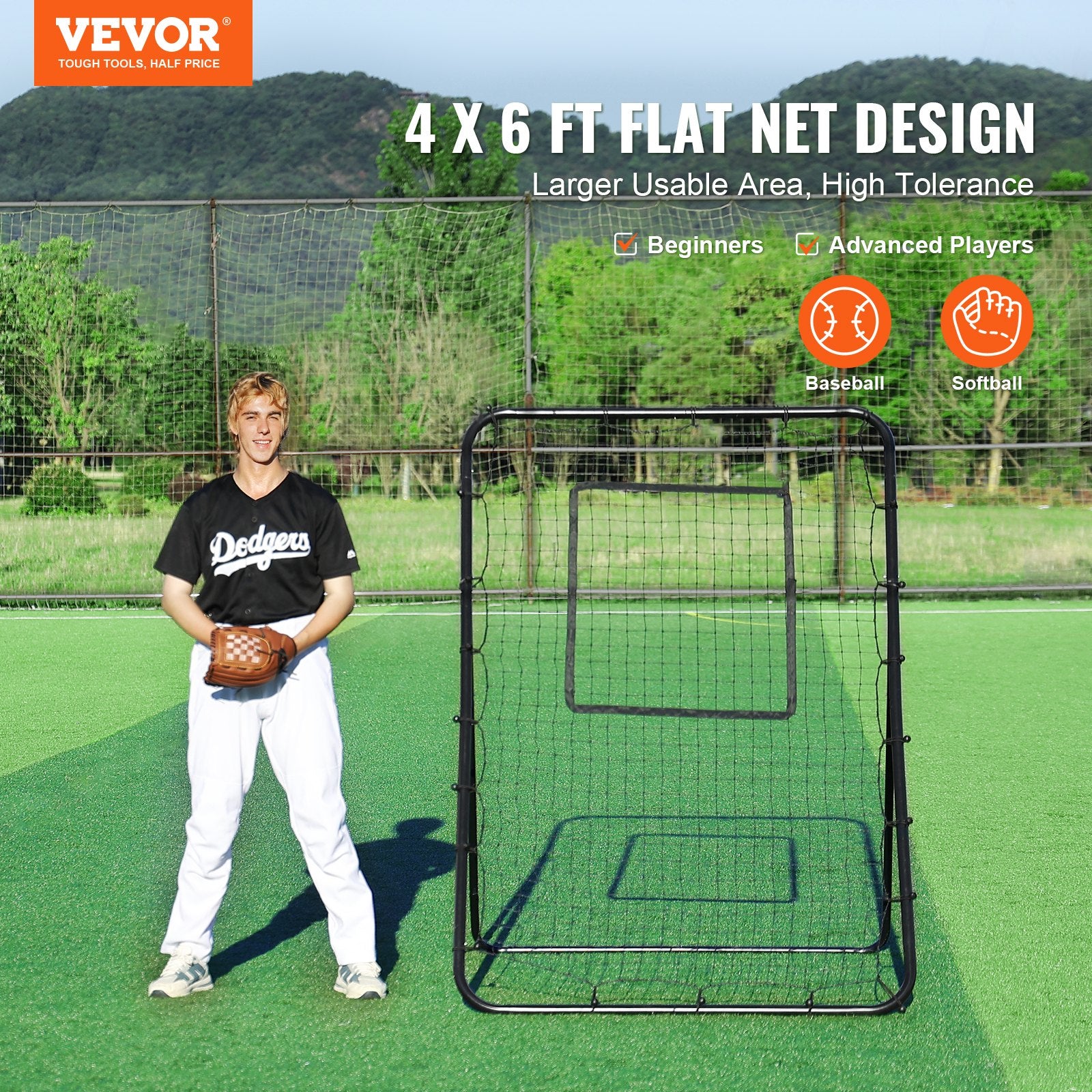 Basketball & Basketball Accessories: VEVOR Baseball And Softball Rebounder Net, 4 x 6 Feet PitchBack Baseball Nest for Pitching and Fielding Training, Pitch Return Trainer Rebound Net with Pitching Target, 4 Adjustable Angles