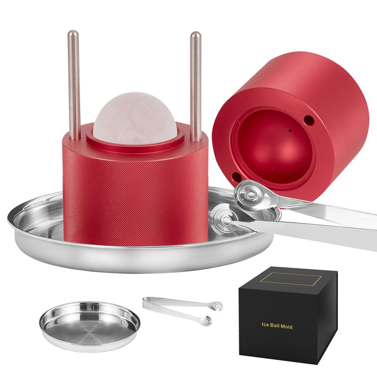Ice Ball Press, 6cm Ice Ball Maker, Aircraft Al Alloy Ice Ball Press Kit for 60mm Ice Sphere, Ice Press with Tong and Drip Tray, for Whiskey, Cocktail, Bourbon, Scot on Party & Holiday, Red