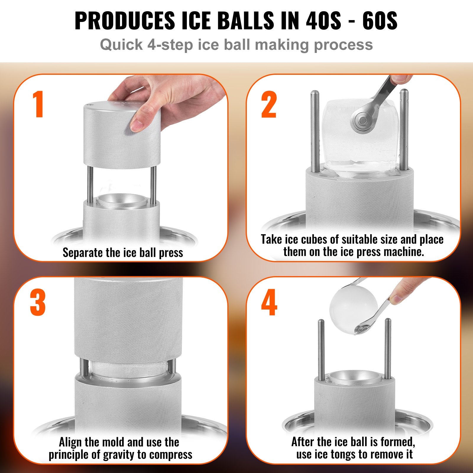Candle Accessories: VEVOR Ice Ball Press Kit, Aircraft Al Alloy Ice Press with Ice Block Mold, Large Mat, Tong, Drip Tray, One Glass, Round Ice Ball Maker 2.4"/60 mm Ice Sphere, for Whiskey, Cocktail on Party & Holiday