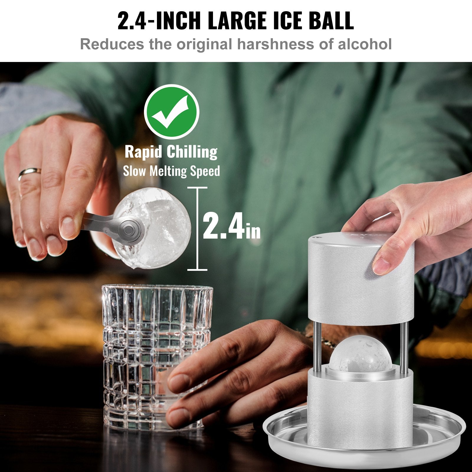 Candle Accessories: VEVOR Ice Ball Press Kit, Aircraft Al Alloy Ice Press with Ice Block Mold, Large Mat, Tong, Drip Tray, One Glass, Round Ice Ball Maker 2.4"/60 mm Ice Sphere, for Whiskey, Cocktail on Party & Holiday