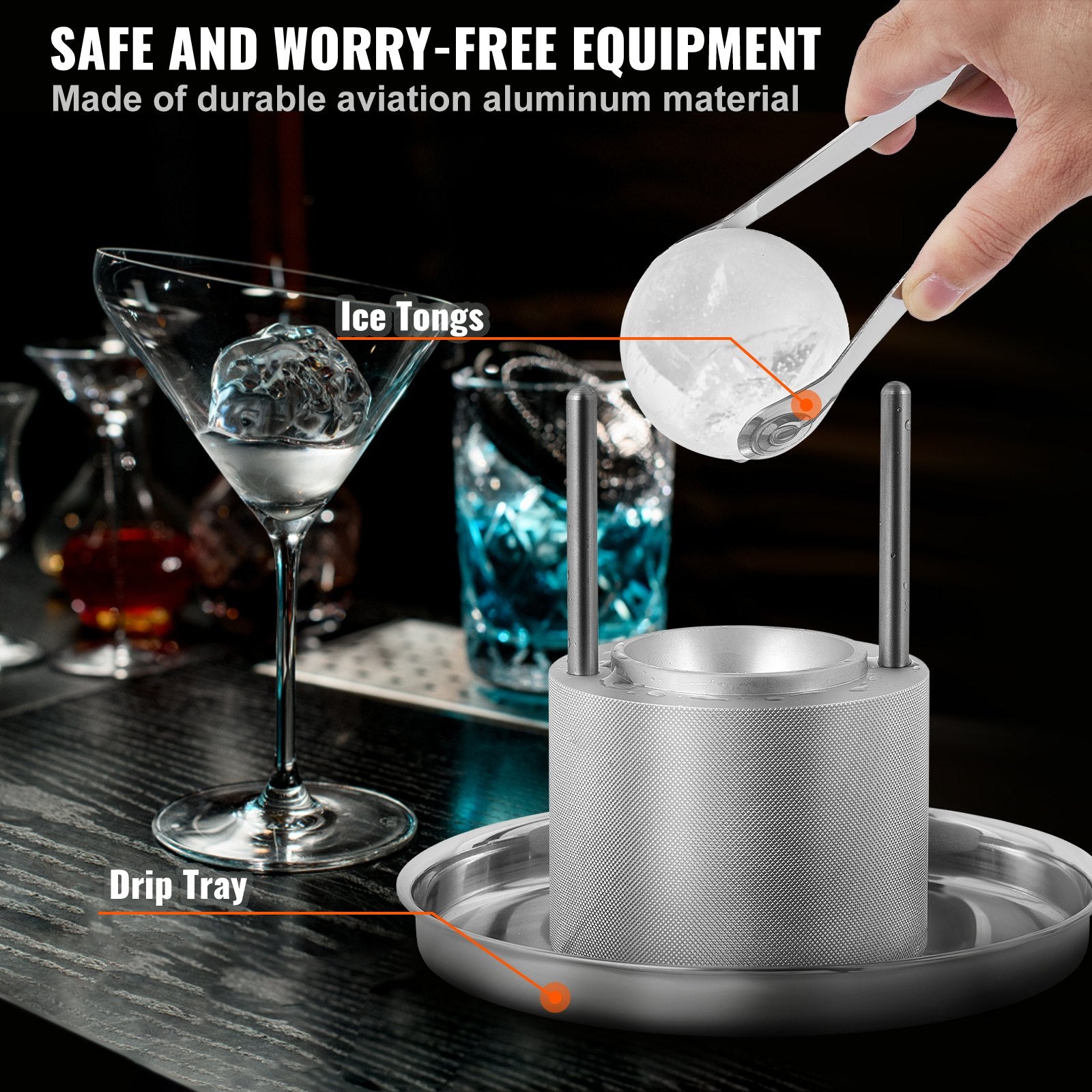 Candle Accessories: VEVOR Ice Ball Press Kit, Aircraft Al Alloy Ice Press with Ice Block Mold, Large Mat, Tong, Drip Tray, One Glass, Round Ice Ball Maker 2.4"/60 mm Ice Sphere, for Whiskey, Cocktail on Party & Holiday