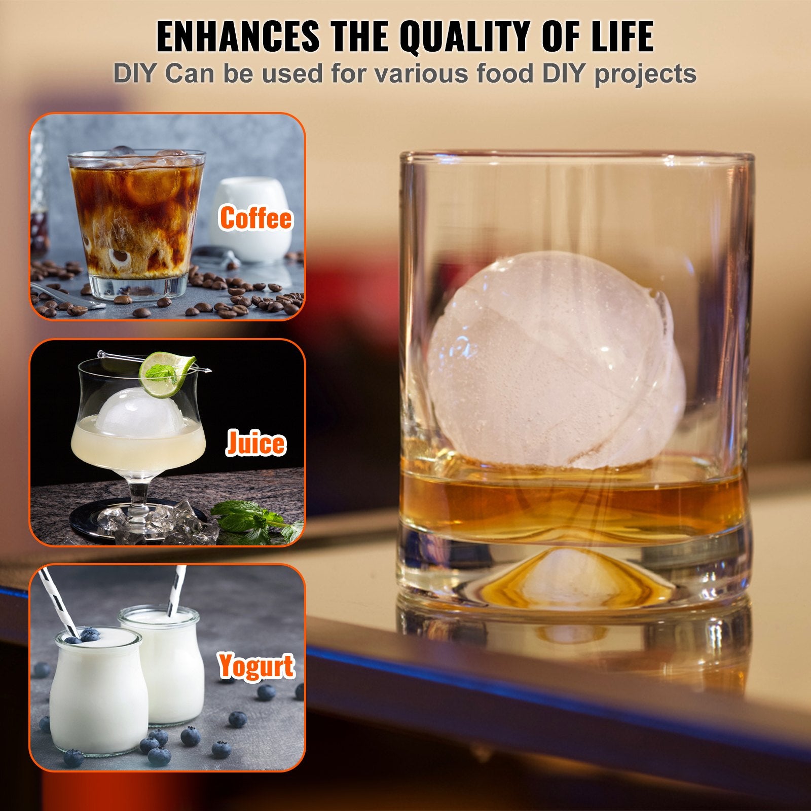 Candle Accessories: VEVOR Ice Ball Press Kit, Aircraft Al Alloy Ice Press with Ice Block Mold, Large Mat, Tong, Drip Tray, One Glass, Round Ice Ball Maker 2.4"/60 mm Ice Sphere, for Whiskey, Cocktail on Party & Holiday