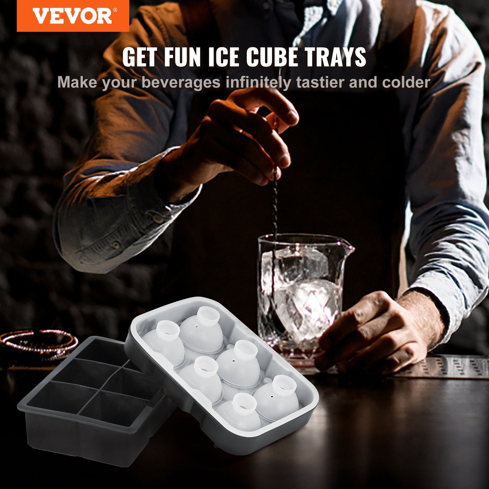 Basketball & Basketball Accessories: VEVOR Ice Cube Trays (Set of 2), 2-in-1 Combo with Silicone Sphere Ice Ball Maker & Large Square Ice Cube Maker with Lid, Reusable Easy Release BPA Free Ice Tray Set for Whiskey Cocktails Bourbon