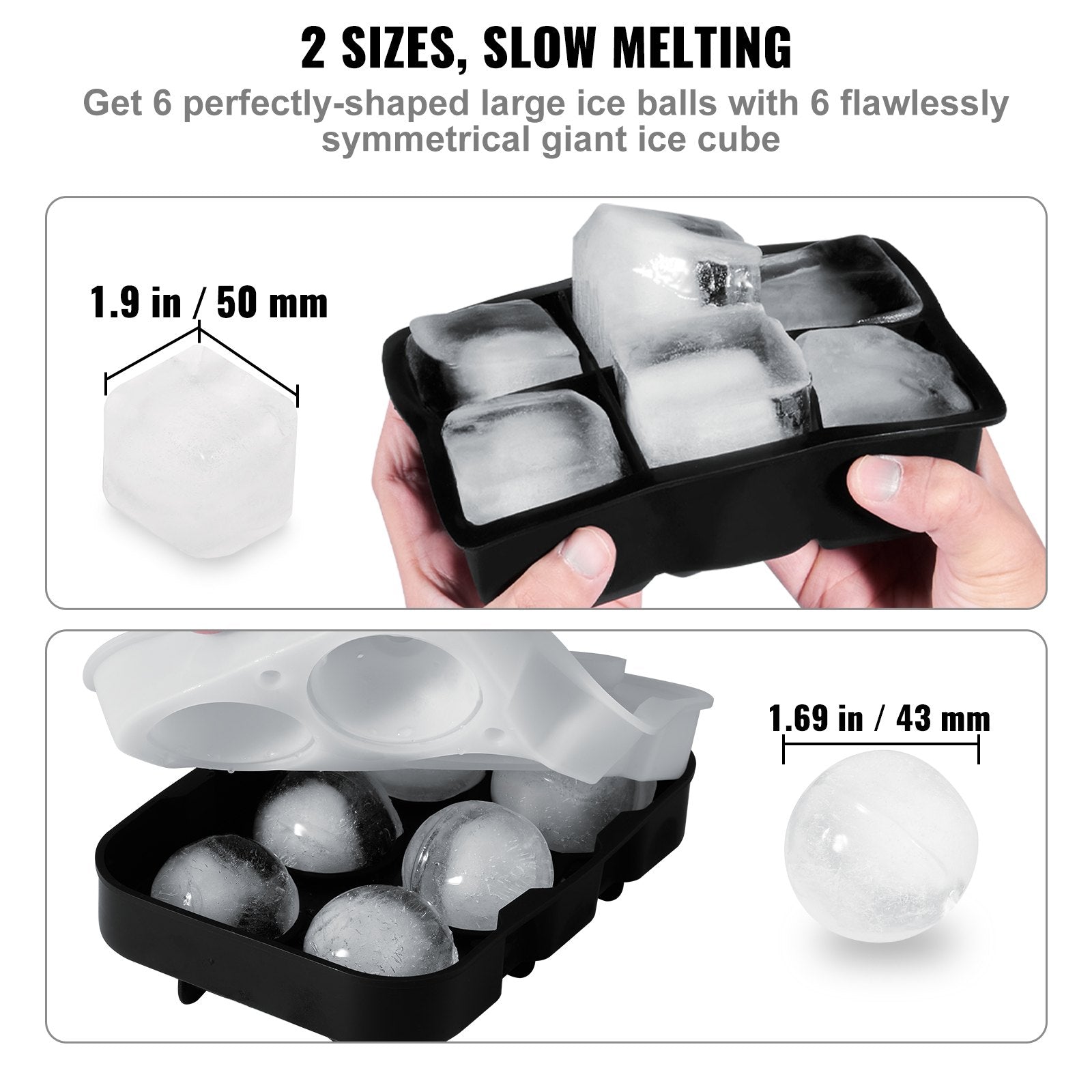 Basketball & Basketball Accessories: VEVOR Ice Cube Trays (Set of 2), 2-in-1 Combo with Silicone Sphere Ice Ball Maker & Large Square Ice Cube Maker with Lid, Reusable Easy Release BPA Free Ice Tray Set for Whiskey Cocktails Bourbon