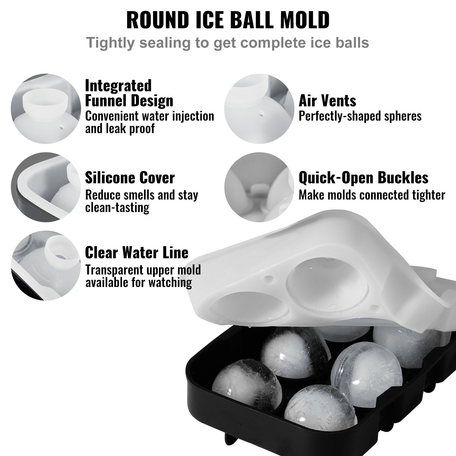 Basketball & Basketball Accessories: VEVOR Ice Cube Trays (Set of 2), 2-in-1 Combo with Silicone Sphere Ice Ball Maker & Large Square Ice Cube Maker with Lid, Reusable Easy Release BPA Free Ice Tray Set for Whiskey Cocktails Bourbon
