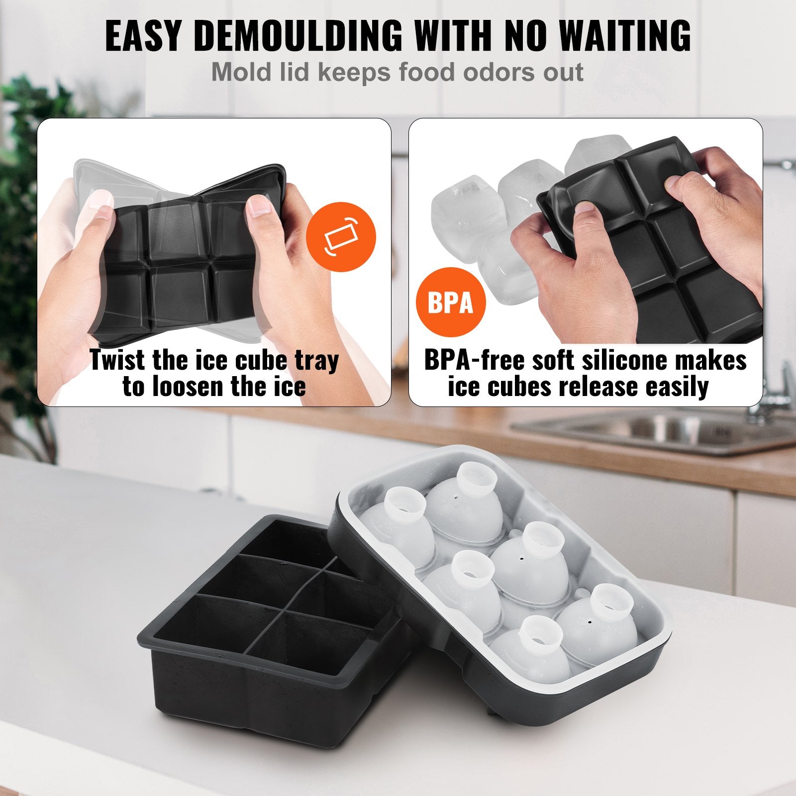 Basketball & Basketball Accessories: VEVOR Ice Cube Trays (Set of 2), 2-in-1 Combo with Silicone Sphere Ice Ball Maker & Large Square Ice Cube Maker with Lid, Reusable Easy Release BPA Free Ice Tray Set for Whiskey Cocktails Bourbon