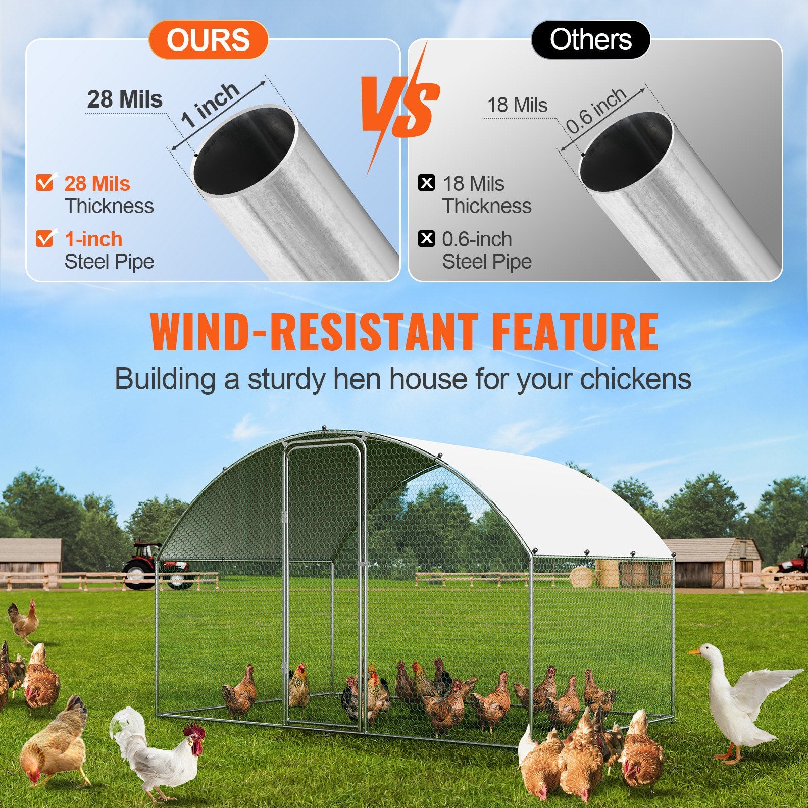 Small Animal Habitats & Cages: VEVOR Chicken Coop, 9.8x6.5x6.5ft Walk-in Large Metal Chicken Run for Yard with Waterproof Cover, Doom Roof Hen House with Security Lock for Outdoor and Backyard, Farm, Duck Rabbit Cage Poultry Pen