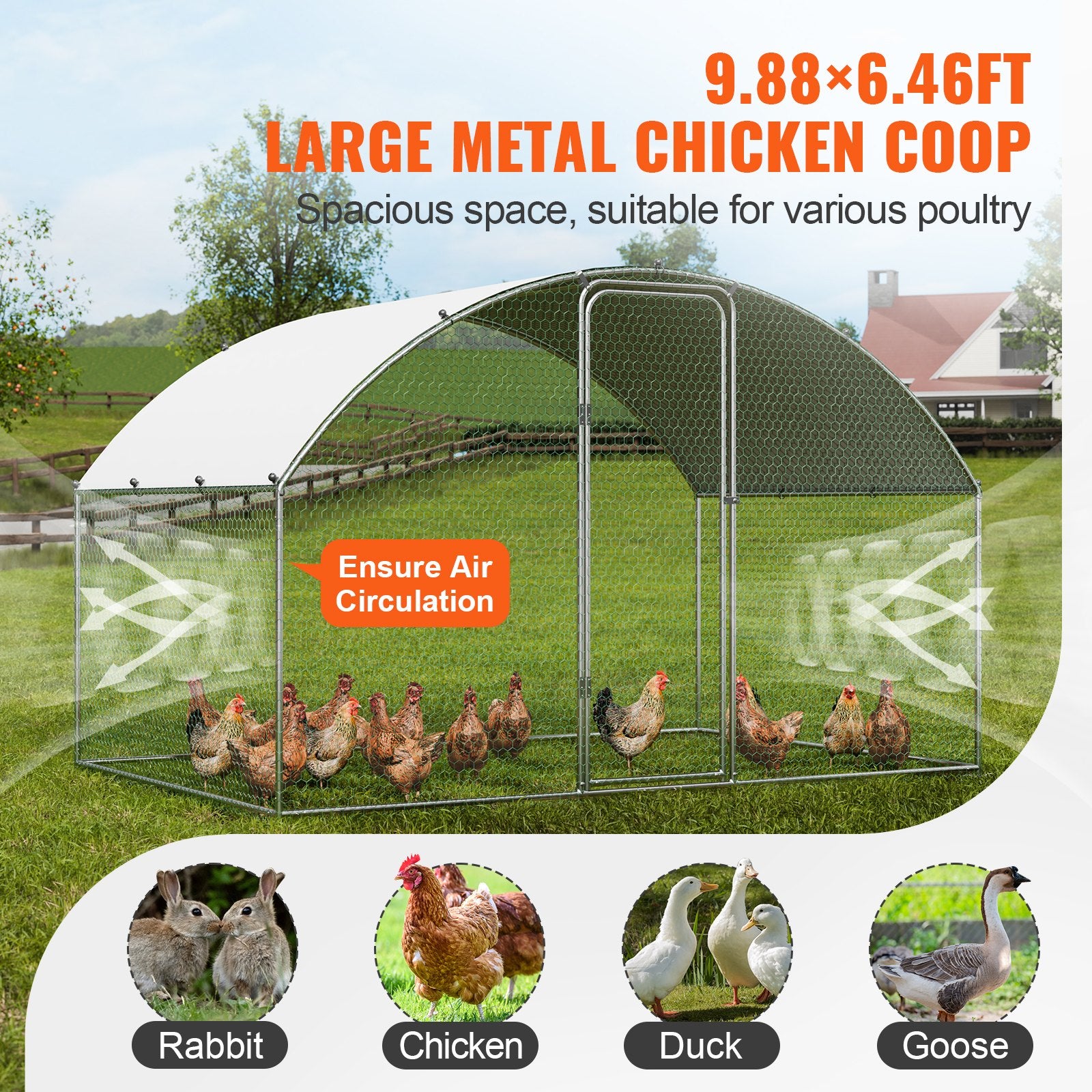 Small Animal Habitats & Cages: VEVOR Chicken Coop, 9.8x6.5x6.5ft Walk-in Large Metal Chicken Run for Yard with Waterproof Cover, Doom Roof Hen House with Security Lock for Outdoor and Backyard, Farm, Duck Rabbit Cage Poultry Pen