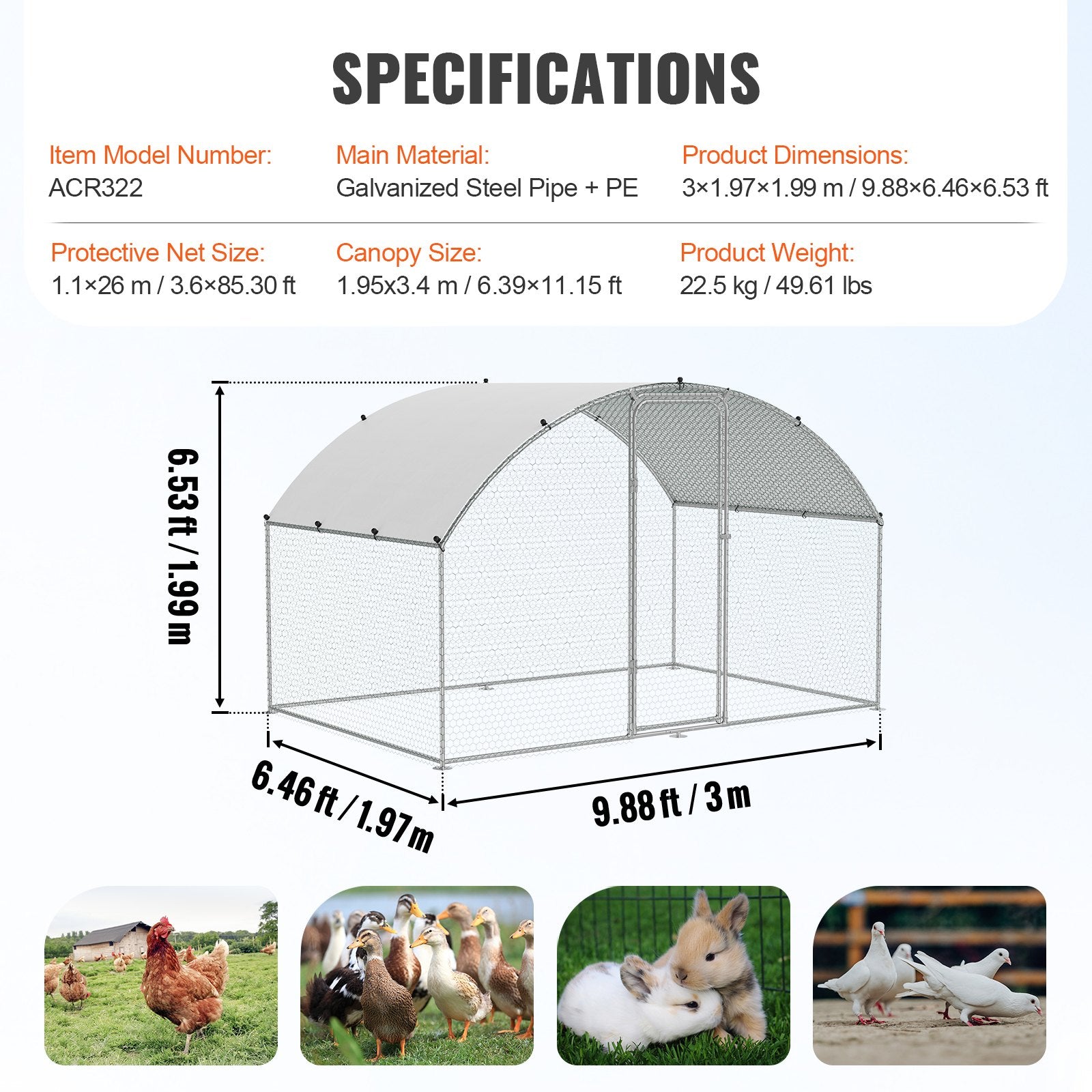 Small Animal Habitats & Cages: VEVOR Chicken Coop, 9.8x6.5x6.5ft Walk-in Large Metal Chicken Run for Yard with Waterproof Cover, Doom Roof Hen House with Security Lock for Outdoor and Backyard, Farm, Duck Rabbit Cage Poultry Pen