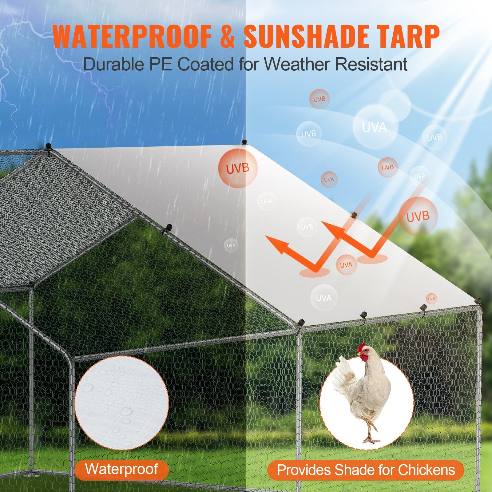 Small Animal Habitats & Cages: VEVOR Large Metal Chicken Coop, 3x3.93x1.99 m Walk-in Chicken Runs for Yard with Cover, Spire Roof Hen House with Security Lock for Outdoor and Backyard, Farm, Duck Rabbit Cage Poultry Pen