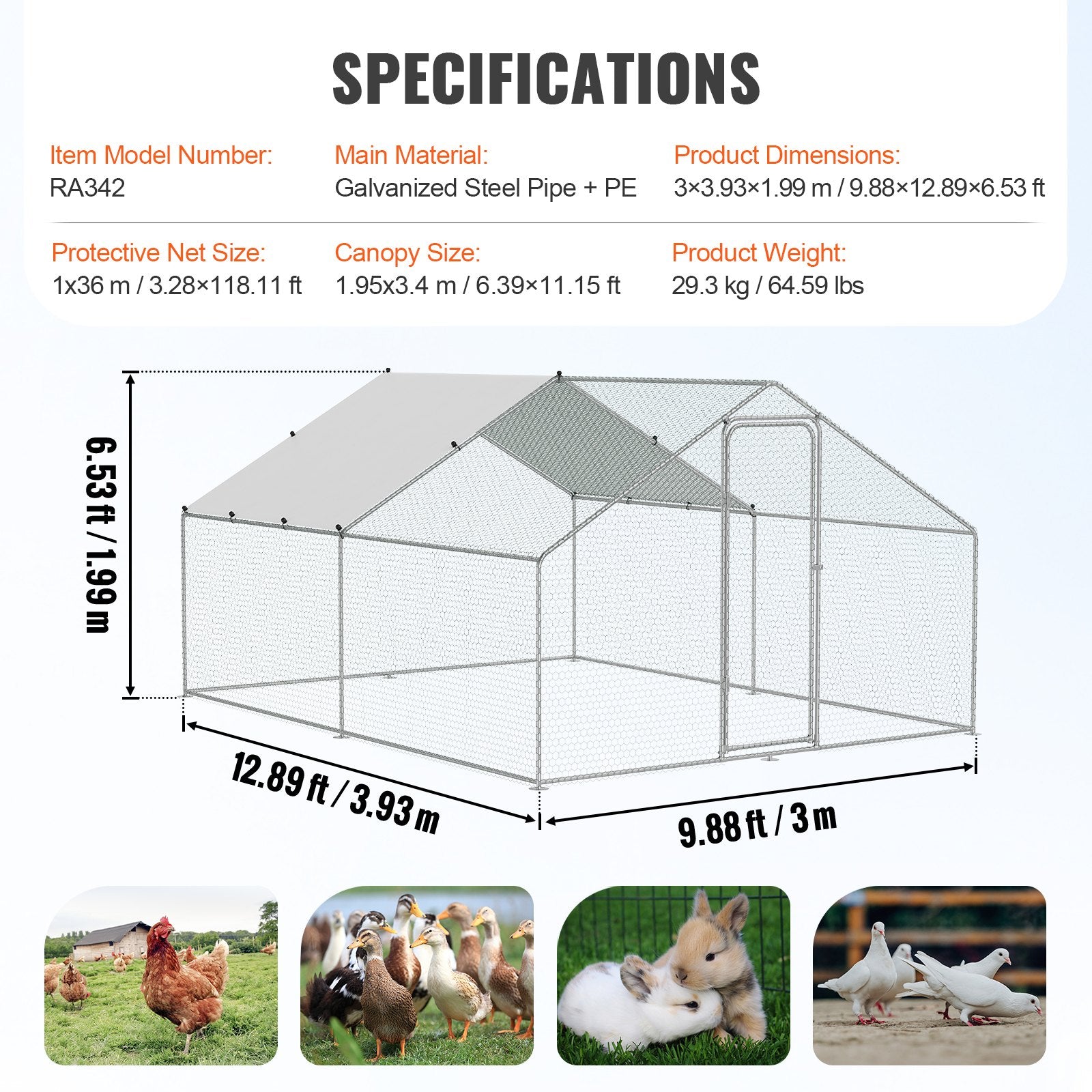Small Animal Habitats & Cages: VEVOR Large Metal Chicken Coop, 3x3.93x1.99 m Walk-in Chicken Runs for Yard with Cover, Spire Roof Hen House with Security Lock for Outdoor and Backyard, Farm, Duck Rabbit Cage Poultry Pen