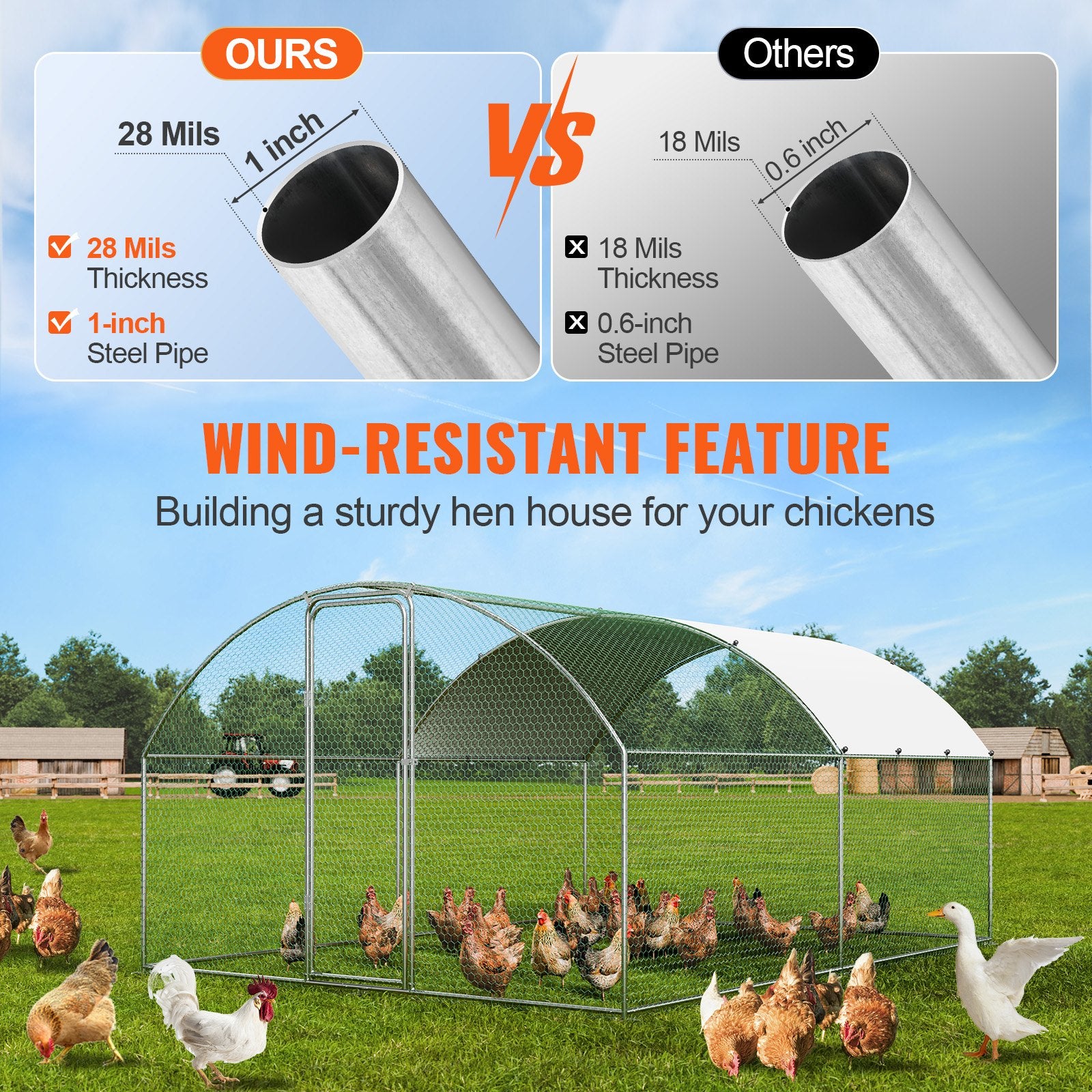Small Animal Habitats & Cages: VEVOR Large Metal Chicken Coop, 9.8x12.9x6.5 ft Walk in Chicken Run for Yard with Waterproof Cover, Doom Roof Hen House with Security Lock for Outdoor and Backyard, Farm, Duck Rabbit Cage Poultry Pen