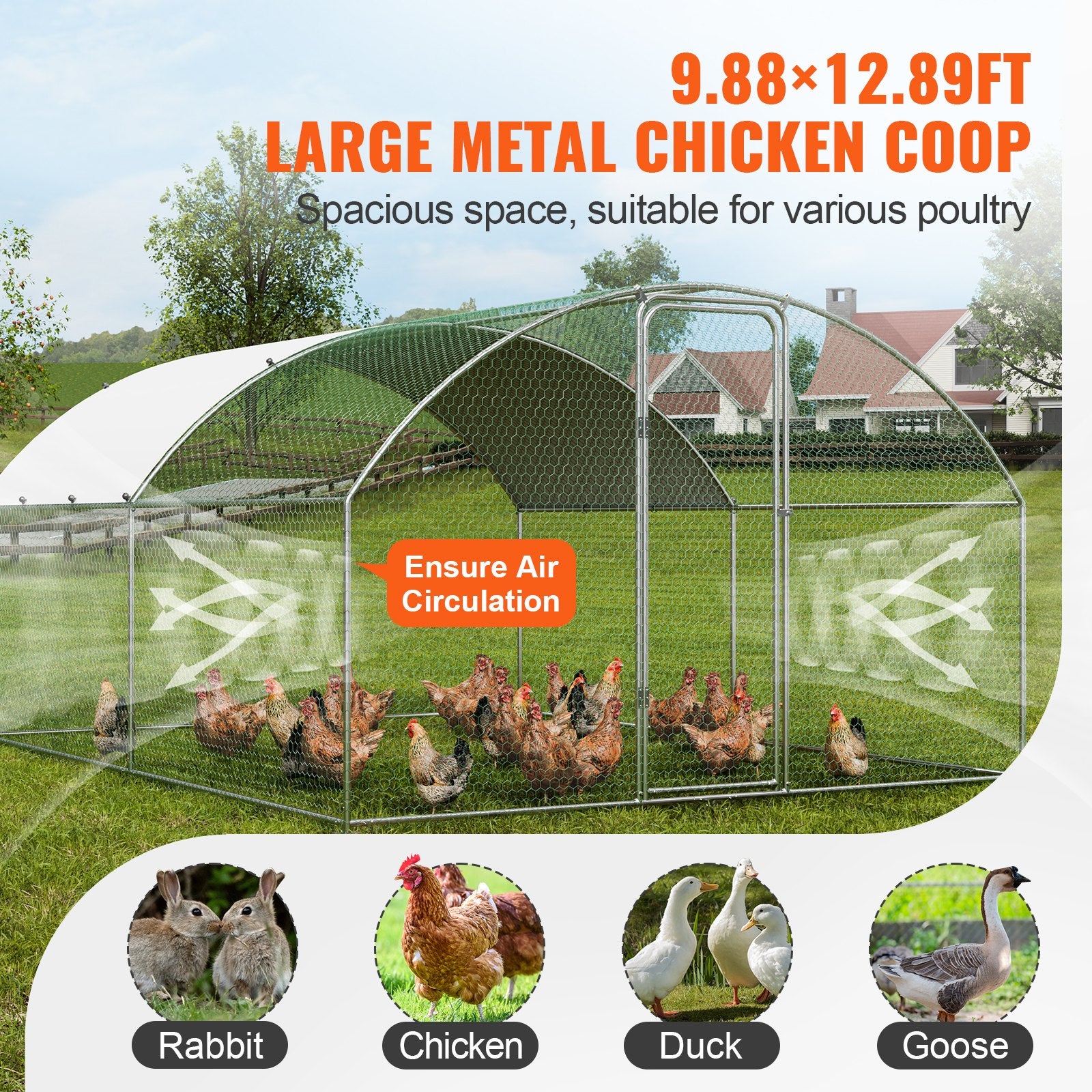 Small Animal Habitats & Cages: VEVOR Large Metal Chicken Coop, 9.8x12.9x6.5 ft Walk in Chicken Run for Yard with Waterproof Cover, Doom Roof Hen House with Security Lock for Outdoor and Backyard, Farm, Duck Rabbit Cage Poultry Pen