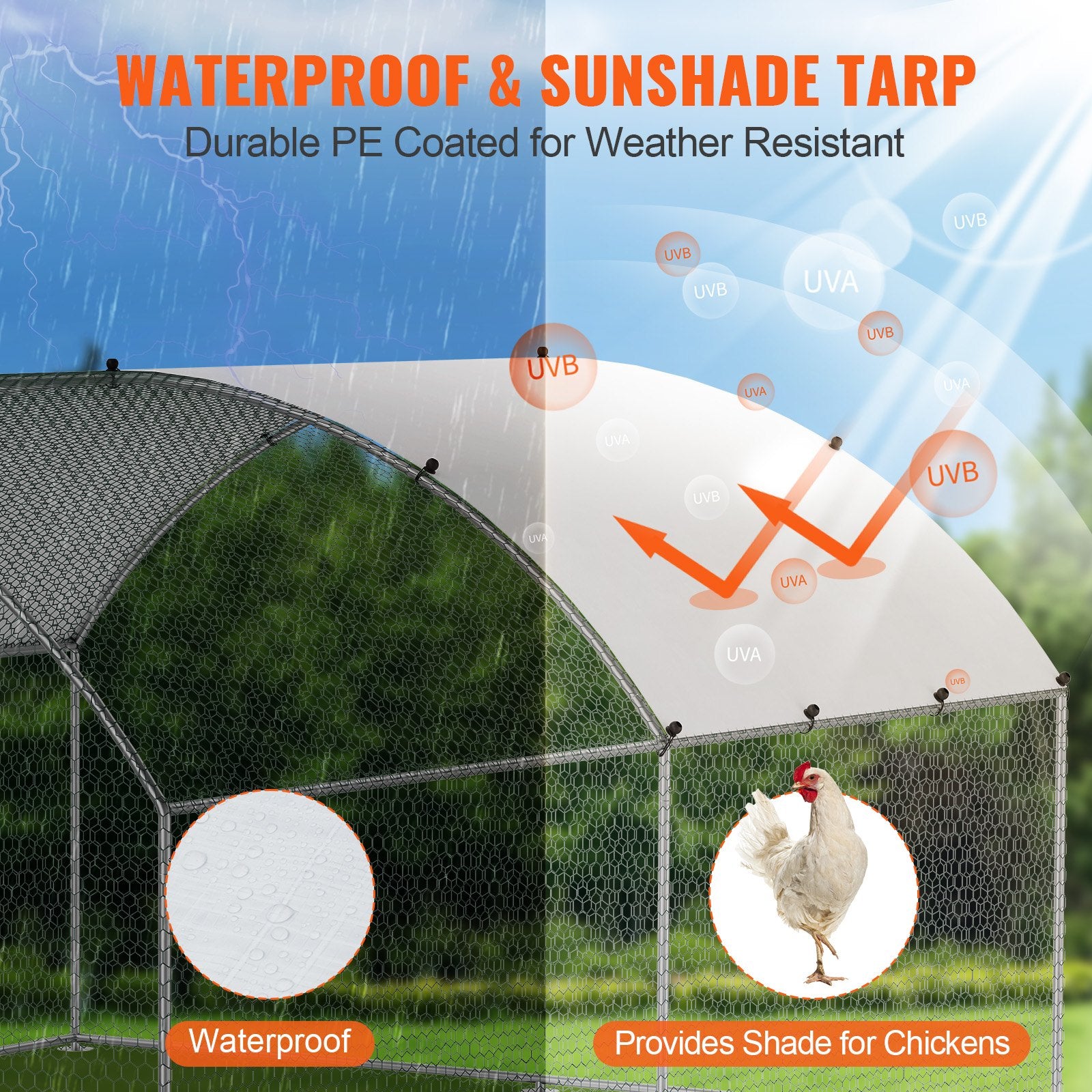 Small Animal Habitats & Cages: VEVOR Large Metal Chicken Coop, 9.8x12.9x6.5 ft Walk in Chicken Run for Yard with Waterproof Cover, Doom Roof Hen House with Security Lock for Outdoor and Backyard, Farm, Duck Rabbit Cage Poultry Pen