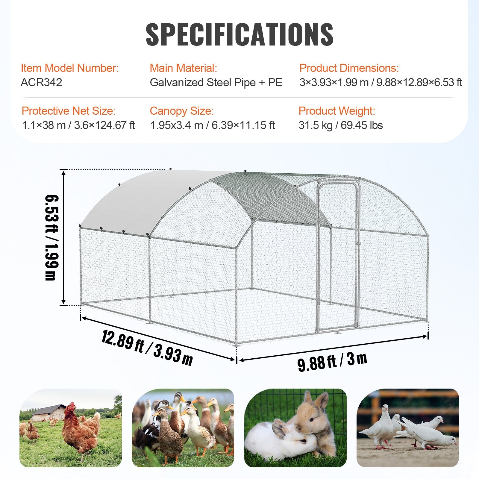 Small Animal Habitats & Cages: VEVOR Large Metal Chicken Coop, 9.8x12.9x6.5 ft Walk in Chicken Run for Yard with Waterproof Cover, Doom Roof Hen House with Security Lock for Outdoor and Backyard, Farm, Duck Rabbit Cage Poultry Pen