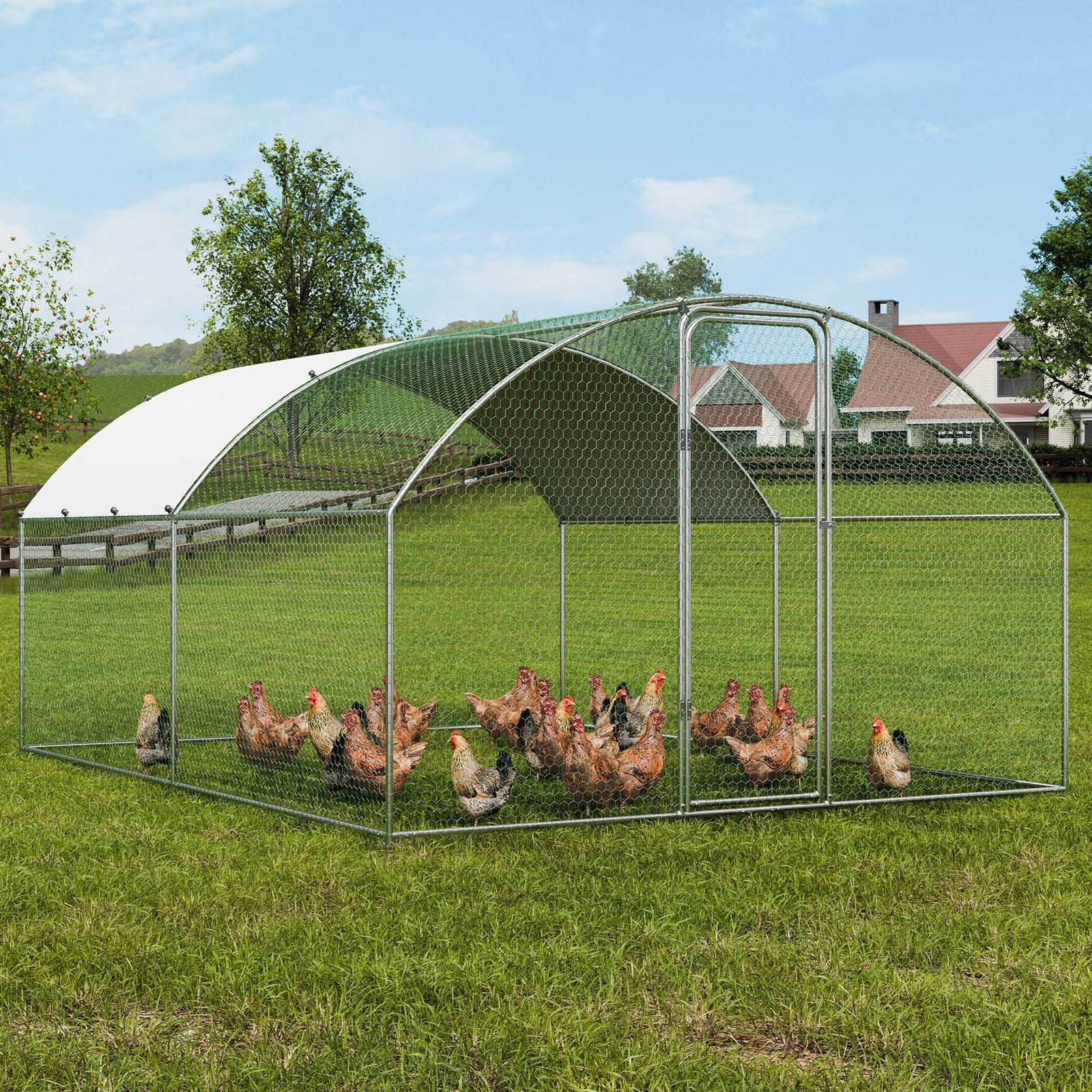 Small Animal Habitats & Cages: VEVOR Large Metal Chicken Coop, 9.8x12.9x6.5 ft Walk in Chicken Run for Yard with Waterproof Cover, Doom Roof Hen House with Security Lock for Outdoor and Backyard, Farm, Duck Rabbit Cage Poultry Pen