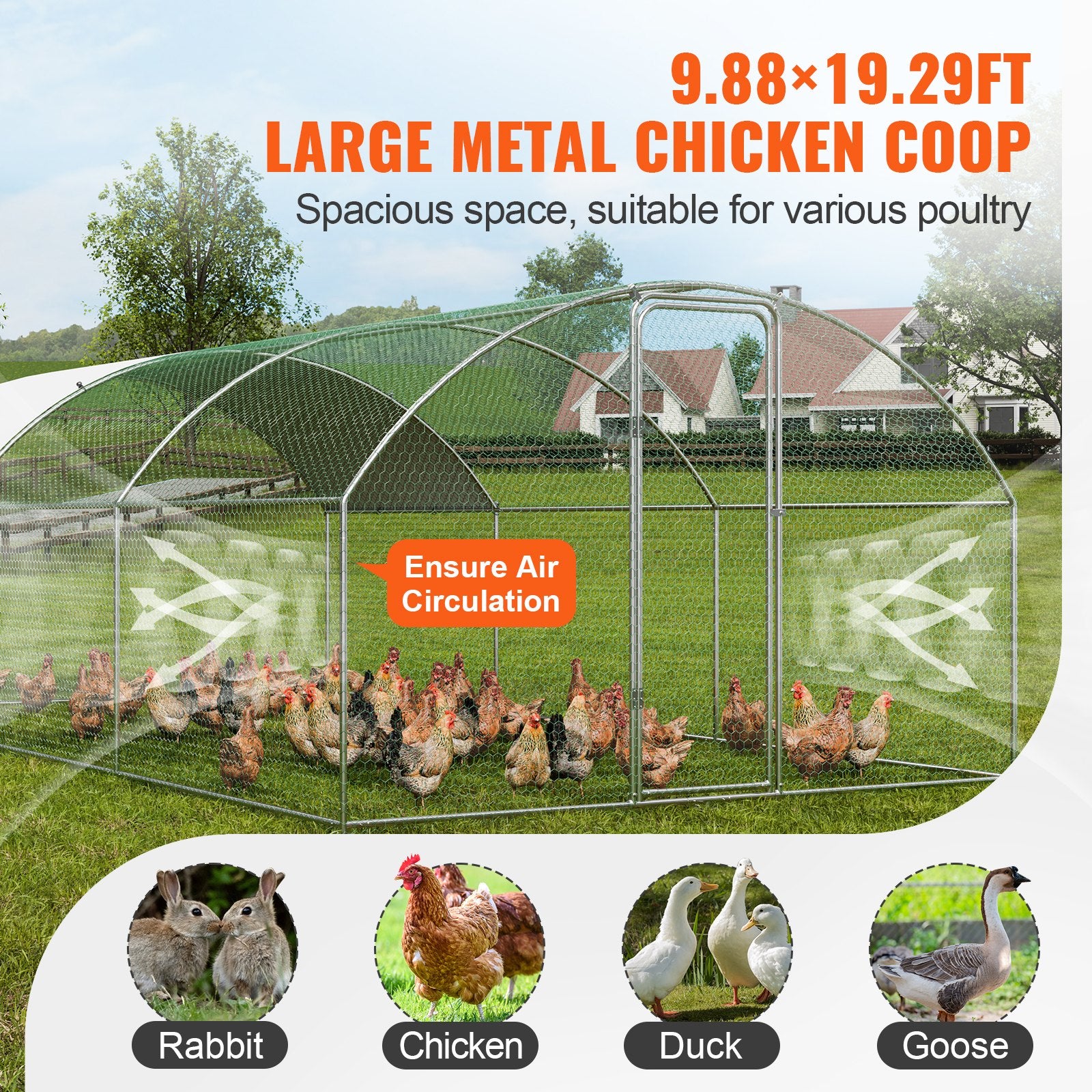 Large Metal Chicken Coop with Run, 9.8x19.3x6.5 ft Walk-in Chicken Runs for Yard with Cover, Doom Roof Hen House with Security Lock for Outdoor and Backyard, Farm, Duck Rabbit Cage Poultry Pen