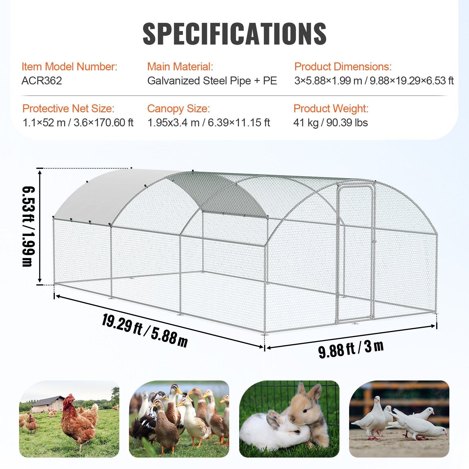 Large Metal Chicken Coop with Run, 9.8x19.3x6.5 ft Walk-in Chicken Runs for Yard with Cover, Doom Roof Hen House with Security Lock for Outdoor and Backyard, Farm, Duck Rabbit Cage Poultry Pen