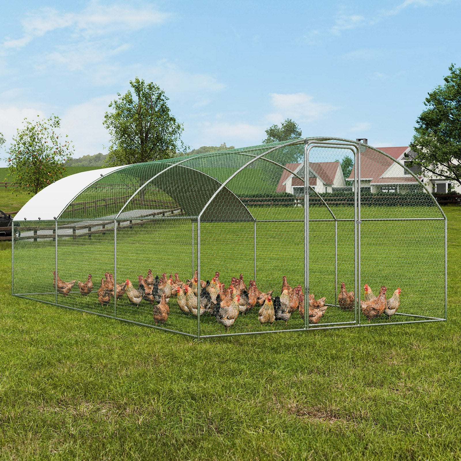 Large Metal Chicken Coop with Run, 9.8x19.3x6.5 ft Walk-in Chicken Runs for Yard with Cover, Doom Roof Hen House with Security Lock for Outdoor and Backyard, Farm, Duck Rabbit Cage Poultry Pen