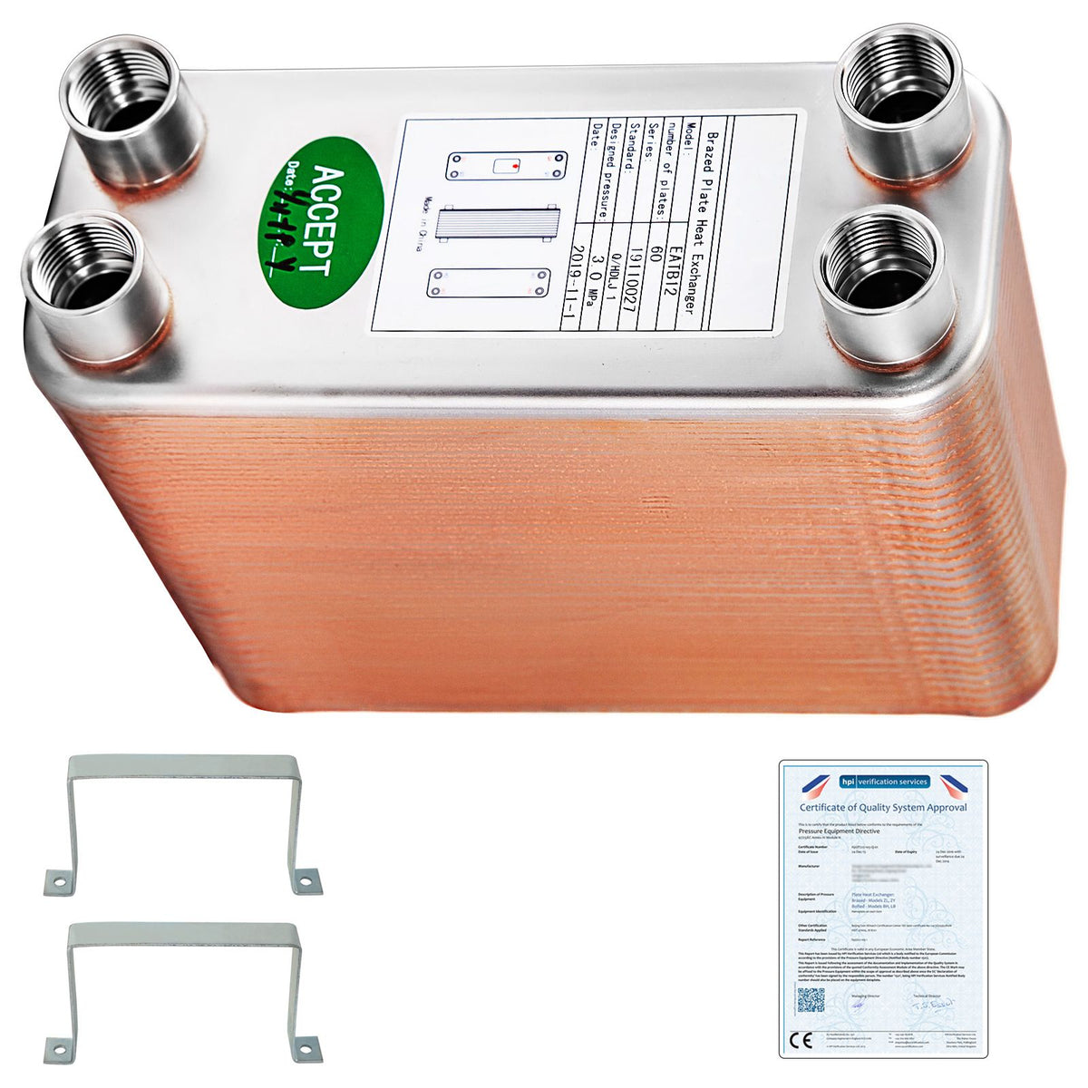 Heat Exchanger 3"x7.5" 60 Plates Brazed Plate Heat Exchanger 316L 1/2" BSP FPT Heat Exchanger EATB12 Beer Wort Chiller for Hydronic Heating