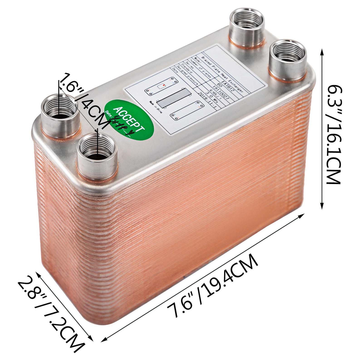 Heat Exchanger 3"x7.5" 60 Plates Brazed Plate Heat Exchanger 316L 1/2" BSP FPT Heat Exchanger EATB12 Beer Wort Chiller for Hydronic Heating