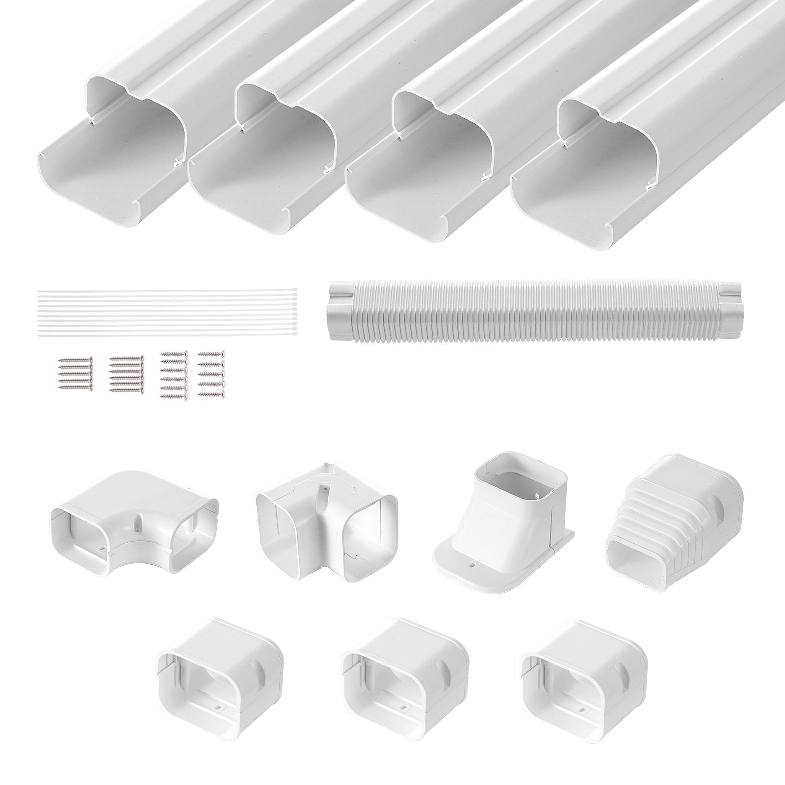 Air Compressors Accessories: VEVOR Mini Split Line Set Cover 76.2mm W 4830mm L, PVC Decorative Pipe Line Cover For Air Conditioner with 4 Straight Ducts & Full Components Easy to Install, Paintable for Heat Pumps, White