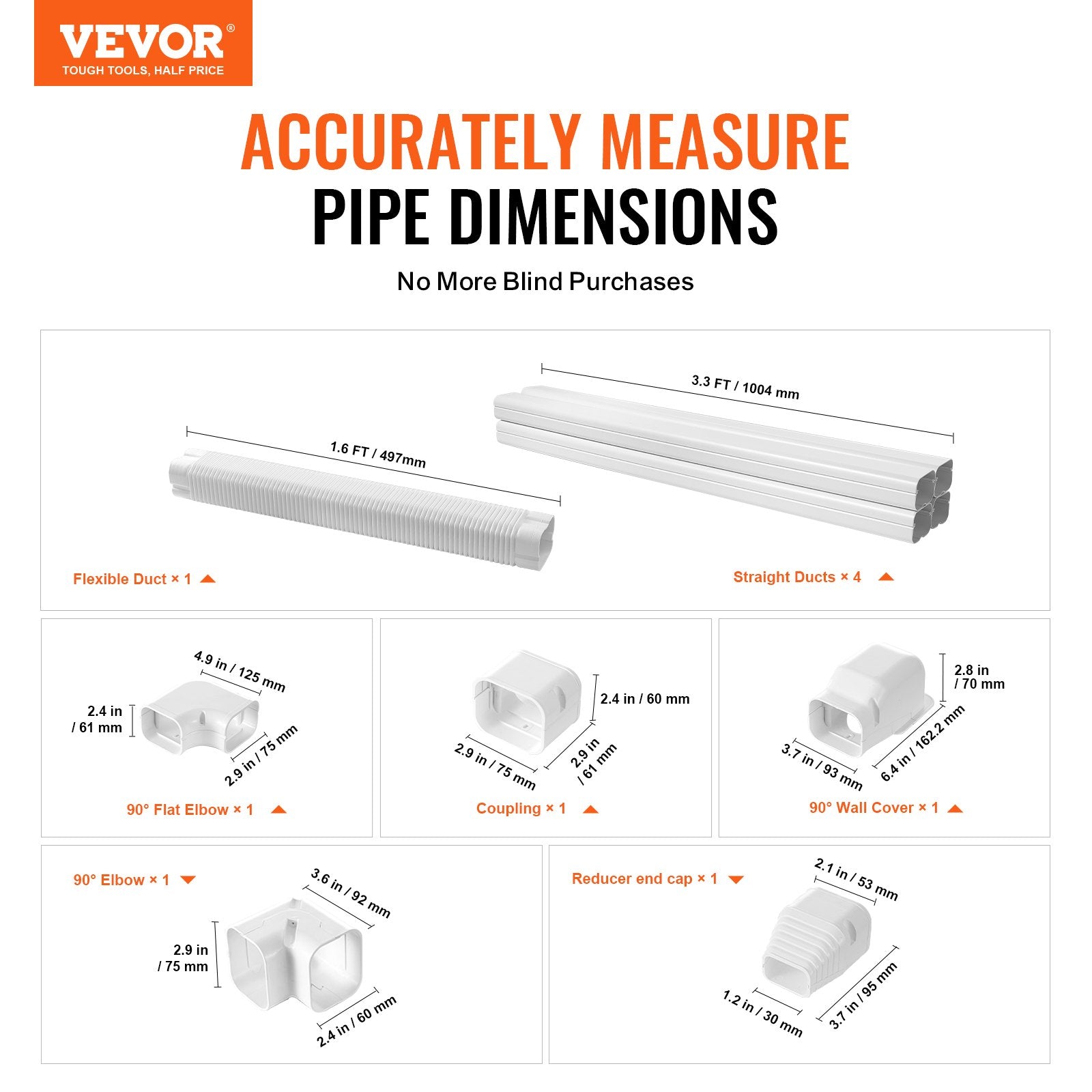 Air Compressors Accessories: VEVOR Mini Split Line Set Cover 76.2mm W 4830mm L, PVC Decorative Pipe Line Cover For Air Conditioner with 4 Straight Ducts & Full Components Easy to Install, Paintable for Heat Pumps, White