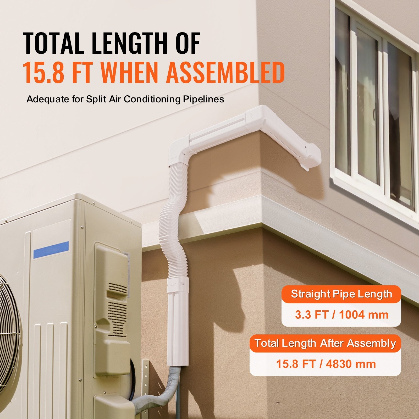 Air Compressors Accessories: VEVOR Mini Split Line Set Cover 76.2mm W 4830mm L, PVC Decorative Pipe Line Cover For Air Conditioner with 4 Straight Ducts & Full Components Easy to Install, Paintable for Heat Pumps, White
