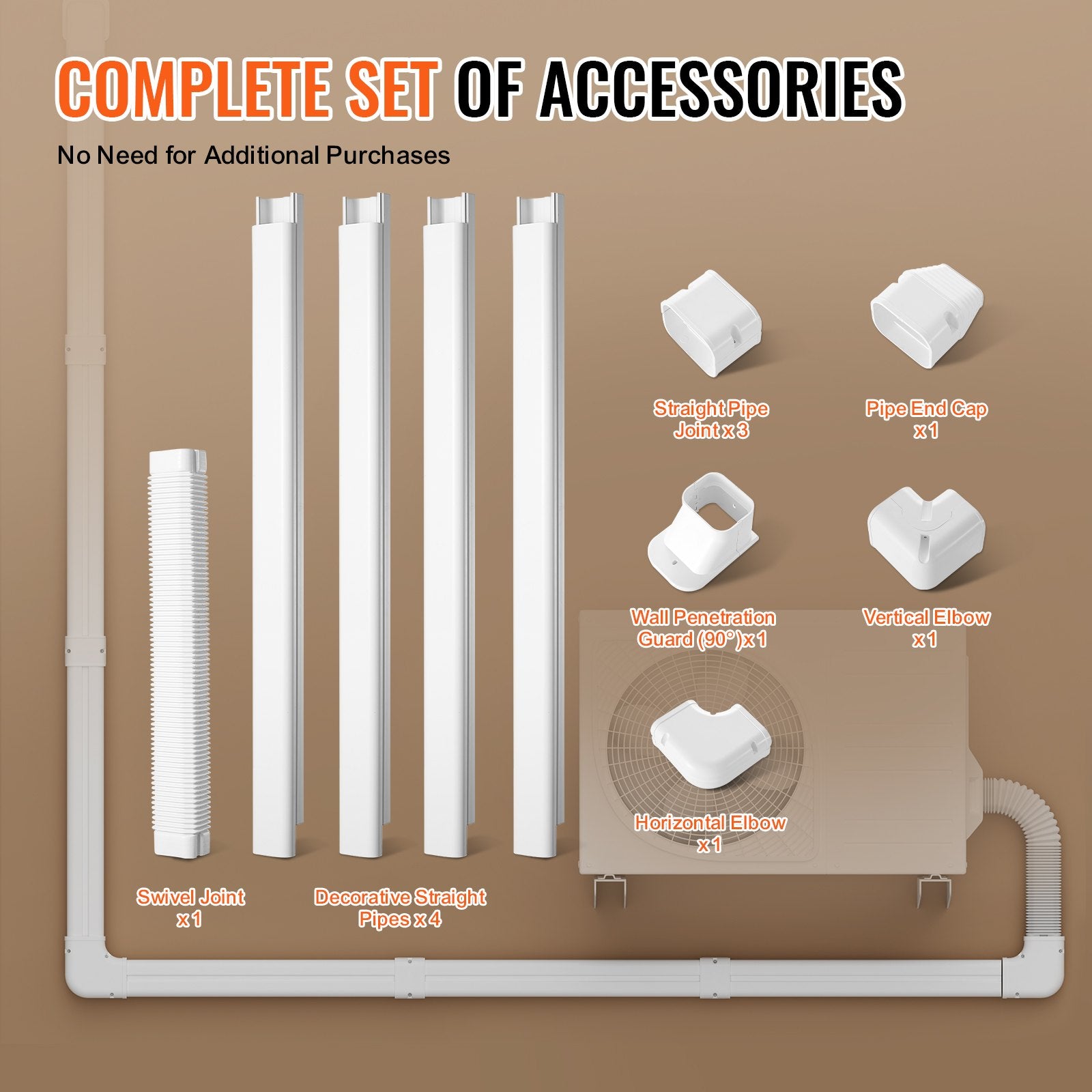 Air Compressors Accessories: VEVOR Mini Split Line Set Cover 76.2mm W 4830mm L, PVC Decorative Pipe Line Cover For Air Conditioner with 4 Straight Ducts & Full Components Easy to Install, Paintable for Heat Pumps, White