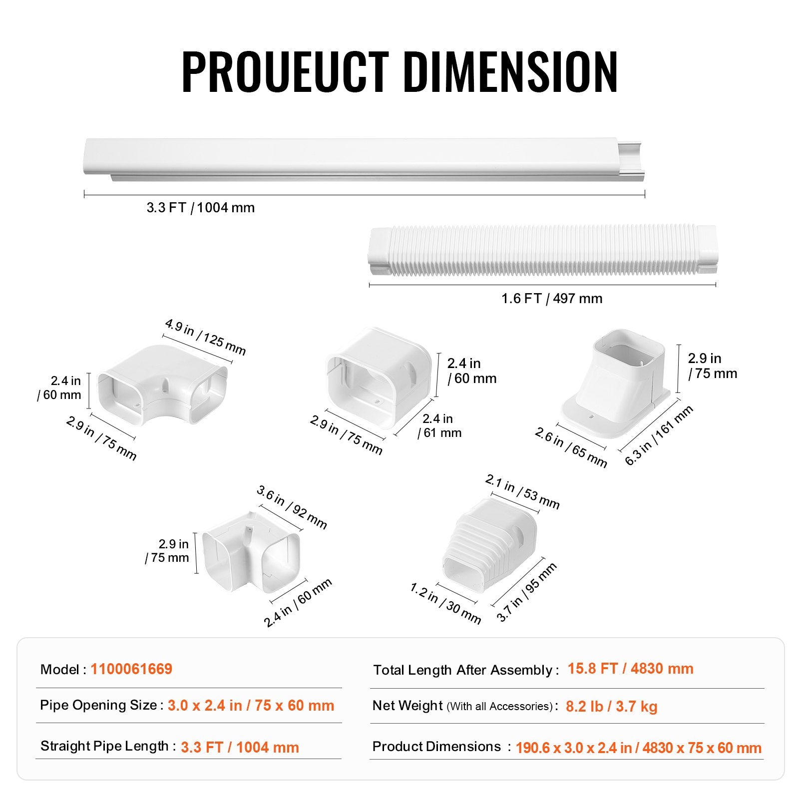 Air Compressors Accessories: VEVOR Mini Split Line Set Cover 76.2mm W 4830mm L, PVC Decorative Pipe Line Cover For Air Conditioner with 4 Straight Ducts & Full Components Easy to Install, Paintable for Heat Pumps, White