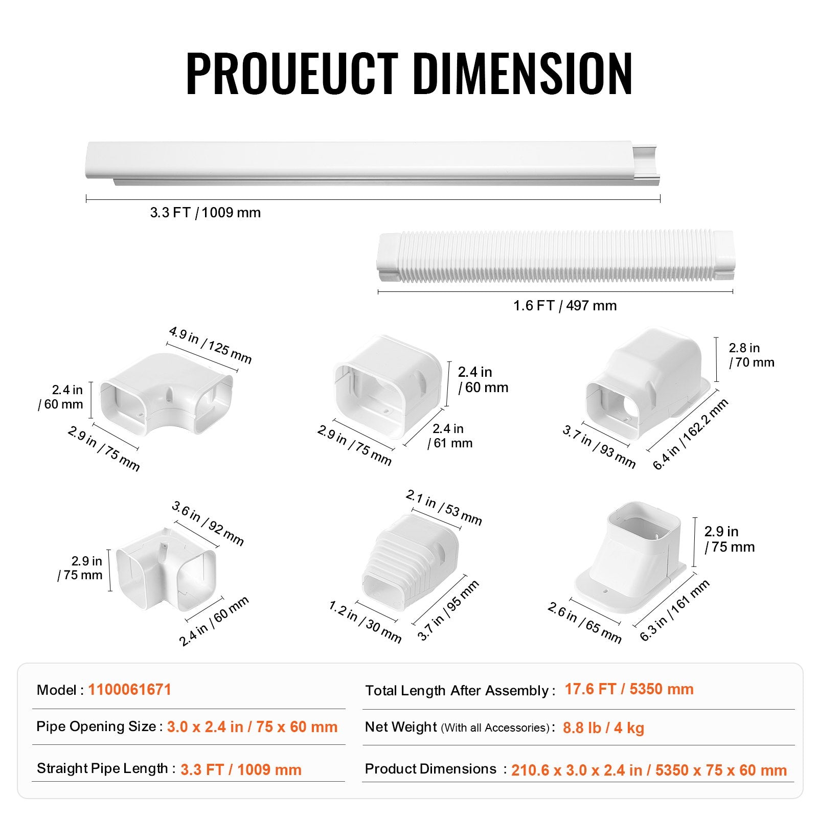 Automotive Repair & Speciality Tools: VEVOR Mini Split Line Set Cover 76.2mm W 5350mm L, PVC Decorative Pipe Line Cover For Air Conditioner with 4 Straight Ducts & Full Components Easy to Install, Paintable for Heat Pumps, White