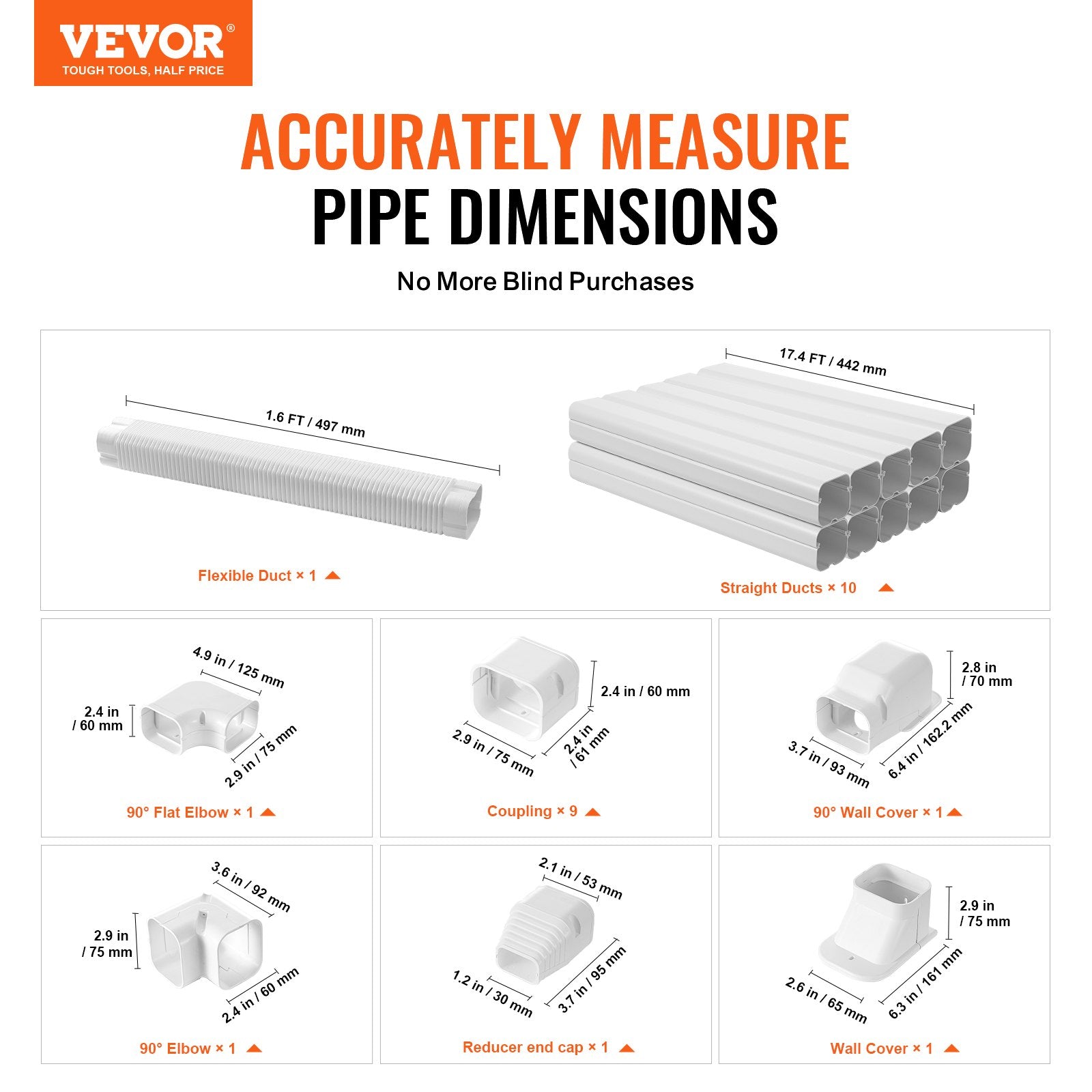 Air Compressors Accessories: VEVOR Mini Split Line Set Cover 76.2mm W 5400mm L, PVC Decorative Pipe Line Cover For Air Conditioner with 10 Straight Ducts & Full Components Easy to Install, Paintable for Heat Pumps, White