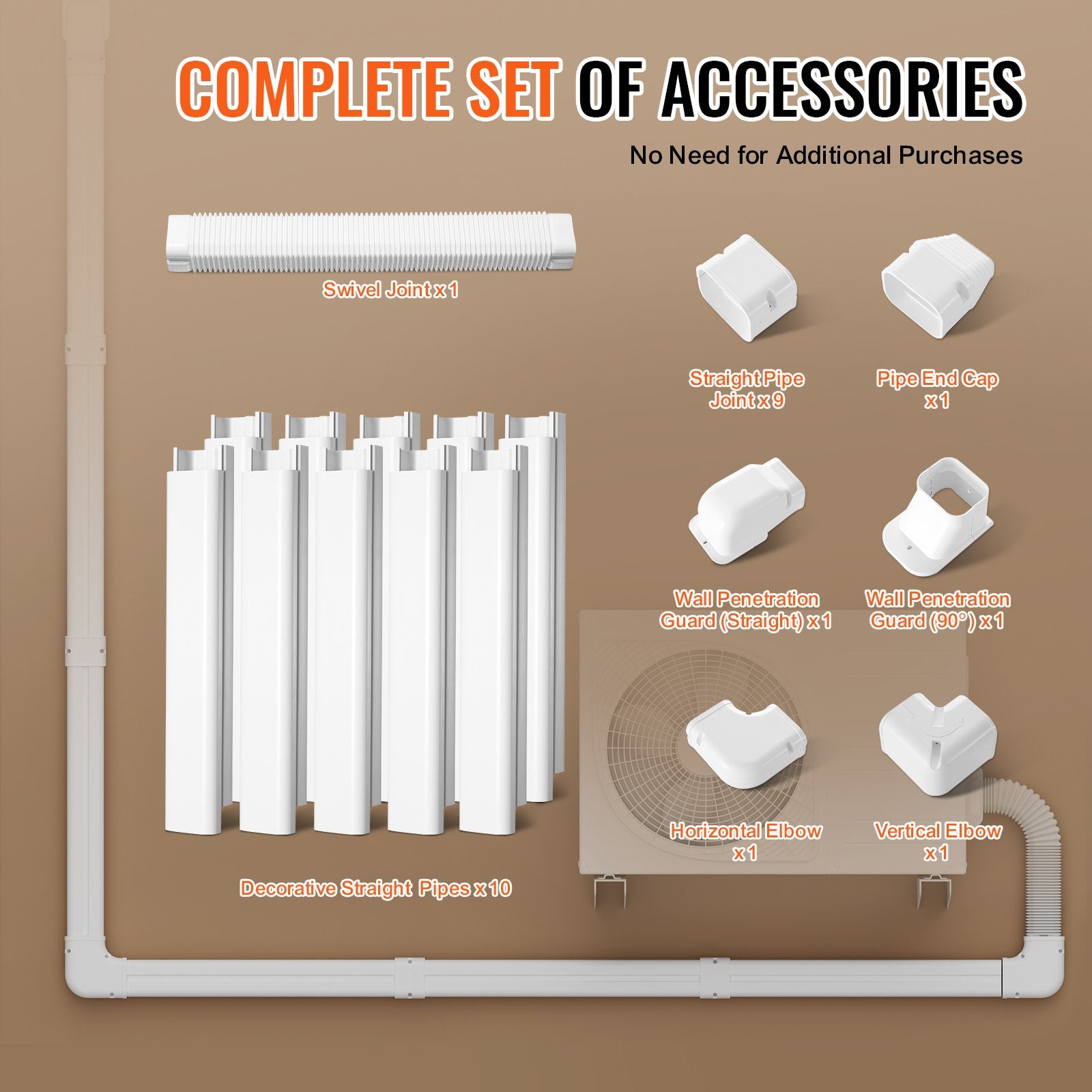 Air Compressors Accessories: VEVOR Mini Split Line Set Cover 76.2mm W 5400mm L, PVC Decorative Pipe Line Cover For Air Conditioner with 10 Straight Ducts & Full Components Easy to Install, Paintable for Heat Pumps, White