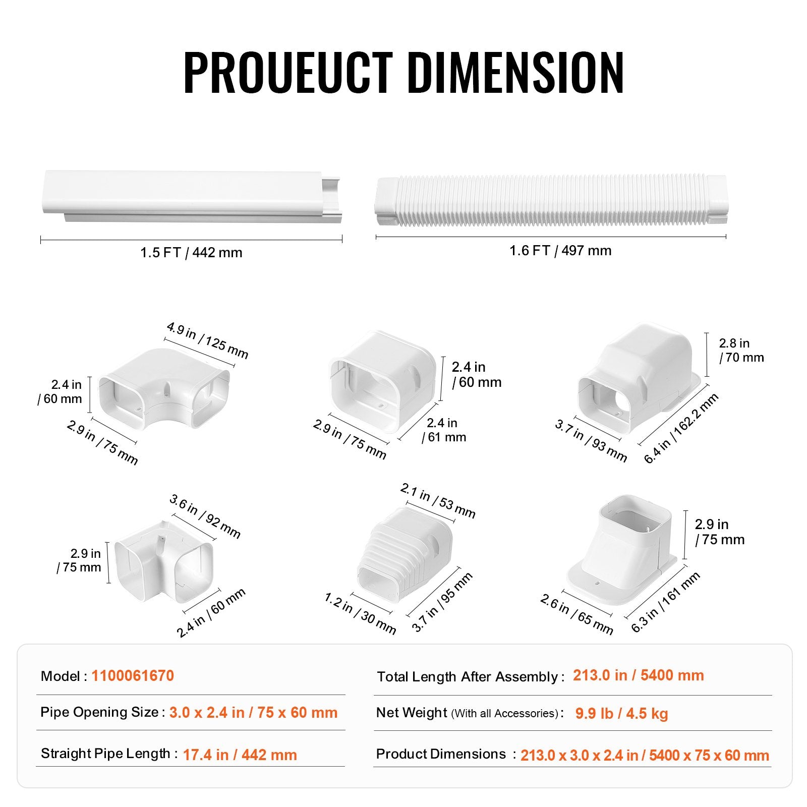 Air Compressors Accessories: VEVOR Mini Split Line Set Cover 76.2mm W 5400mm L, PVC Decorative Pipe Line Cover For Air Conditioner with 10 Straight Ducts & Full Components Easy to Install, Paintable for Heat Pumps, White