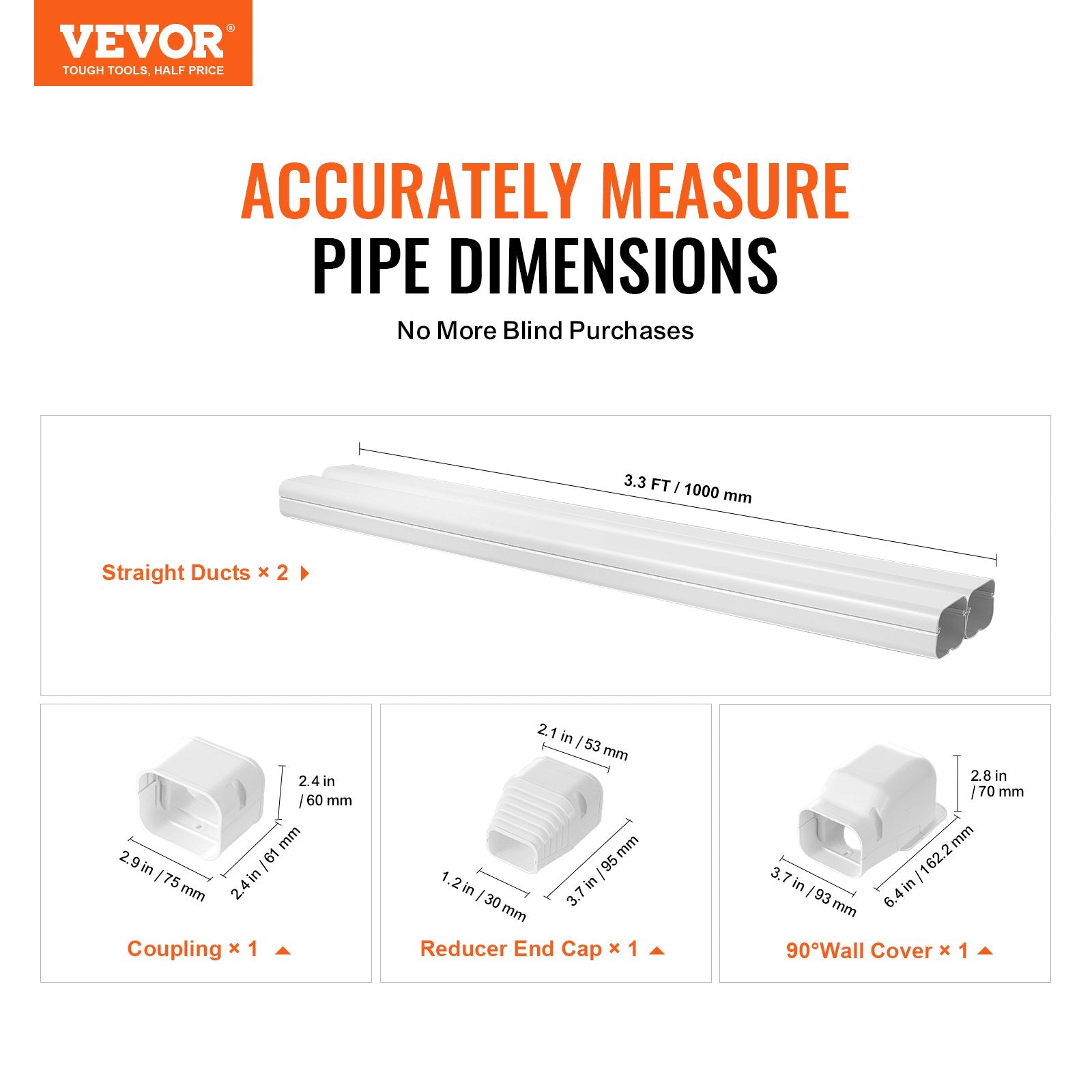 Automotive Repair & Speciality Tools: VEVOR Mini Split Line Set Cover 76.2mm W 2270mm L, PVC Decorative Pipe Line Cover For Air Conditioner with 2 Straight Ducts & Full Components Easy to Install, Paintable for Heat Pumps, White