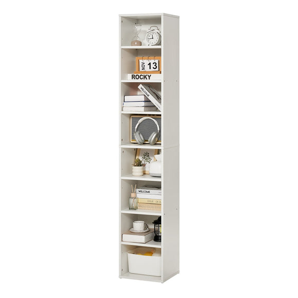 VEVOR 8-Tier Narrow Bookshelf 180cm Wooden Open Bookcase Adjustable Shelf White