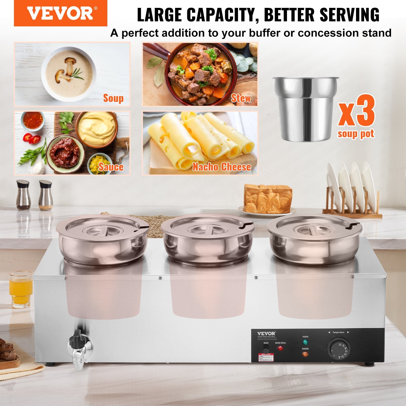 Food Warmers & Chafing Dishes: VEVOR Electric Soup Warmer, Three 7.4QT Stainless Steel Round Pot, 1200W Commercial Food Warmer, 30 - 85℃ Adjustable Temp, Bain Marie with Anti-Dry Burn and Reset Button, for Restaurant, Buffet