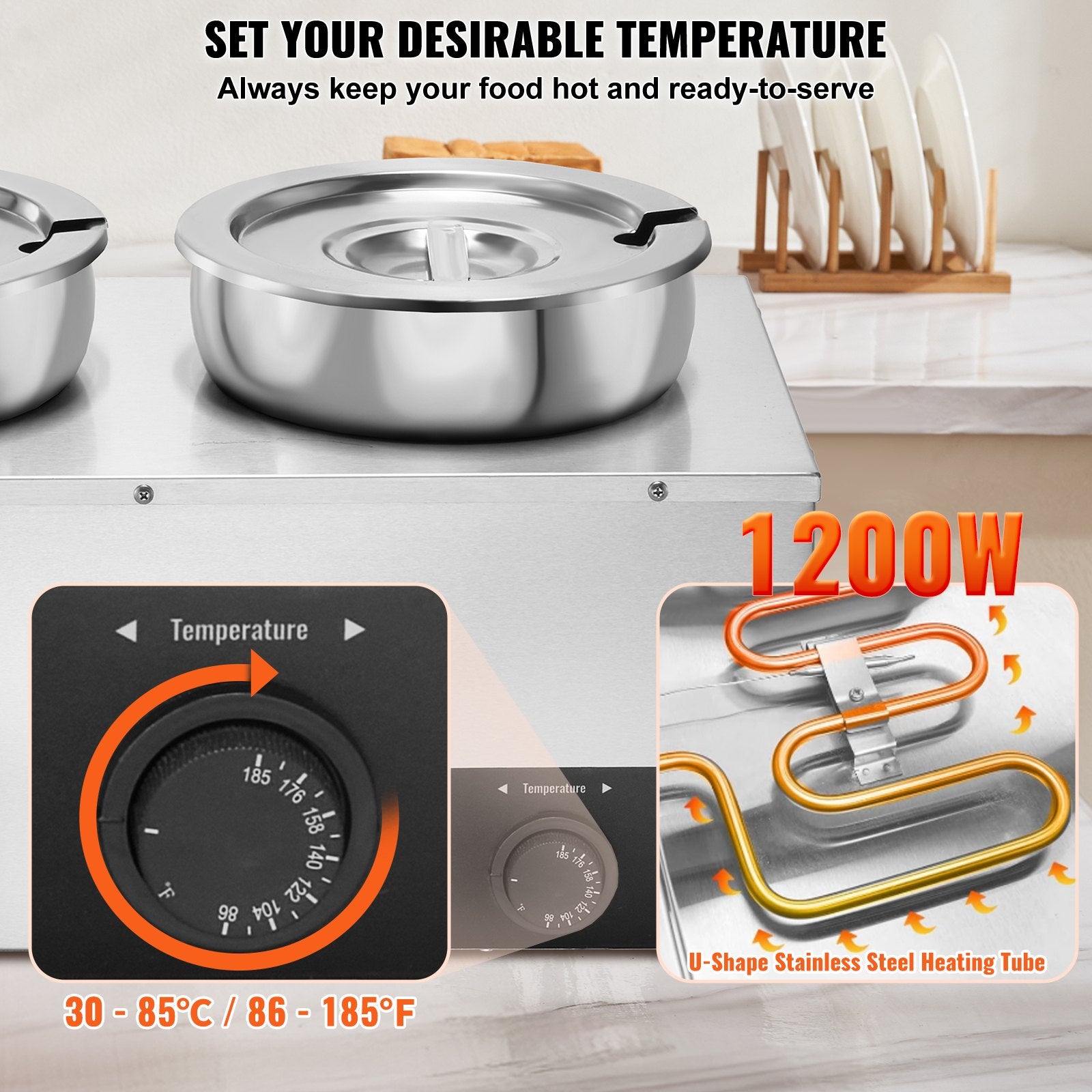 Food Warmers & Chafing Dishes: VEVOR Electric Soup Warmer, Three 7.4QT Stainless Steel Round Pot, 1200W Commercial Food Warmer, 30 - 85℃ Adjustable Temp, Bain Marie with Anti-Dry Burn and Reset Button, for Restaurant, Buffet