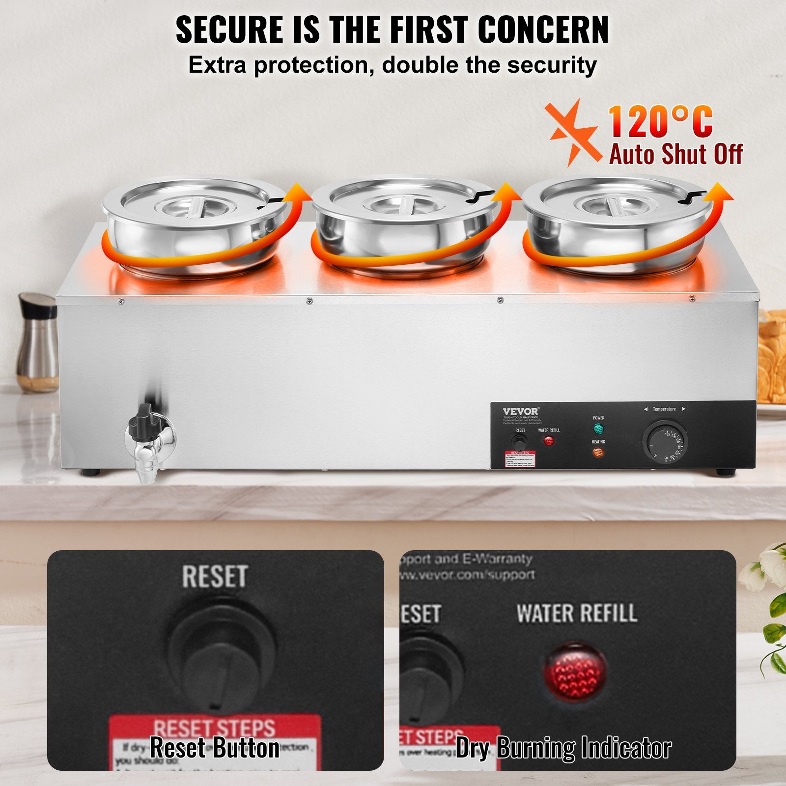 Food Warmers & Chafing Dishes: VEVOR Electric Soup Warmer, Three 7.4QT Stainless Steel Round Pot, 1200W Commercial Food Warmer, 30 - 85℃ Adjustable Temp, Bain Marie with Anti-Dry Burn and Reset Button, for Restaurant, Buffet