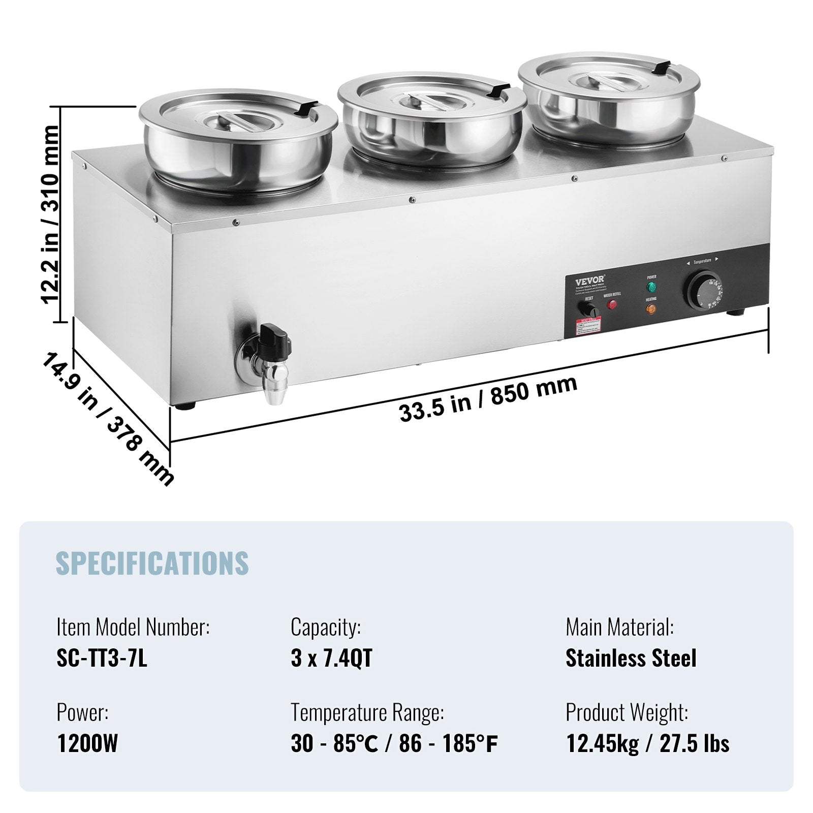 Food Warmers & Chafing Dishes: VEVOR Electric Soup Warmer, Three 7.4QT Stainless Steel Round Pot, 1200W Commercial Food Warmer, 30 - 85℃ Adjustable Temp, Bain Marie with Anti-Dry Burn and Reset Button, for Restaurant, Buffet