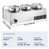 Food Warmers & Chafing Dishes: VEVOR Electric Soup Warmer, Three 7.4QT Stainless Steel Round Pot, 1200W Commercial Food Warmer, 30 - 85℃ Adjustable Temp, Bain Marie with Anti-Dry Burn and Reset Button, for Restaurant, Buffet