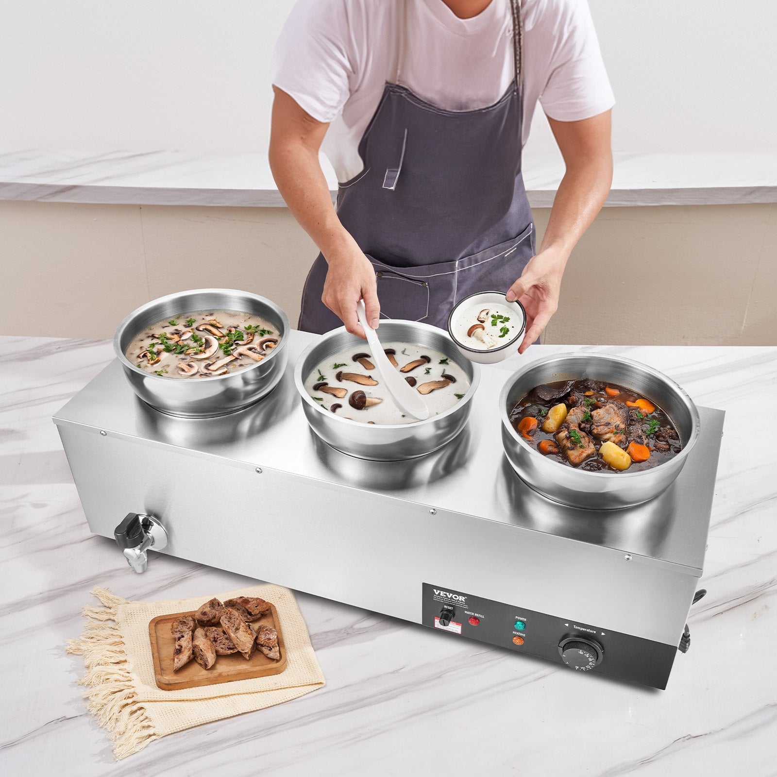 Food Warmers & Chafing Dishes: VEVOR Electric Soup Warmer, Three 7.4QT Stainless Steel Round Pot, 1200W Commercial Food Warmer, 30 - 85℃ Adjustable Temp, Bain Marie with Anti-Dry Burn and Reset Button, for Restaurant, Buffet