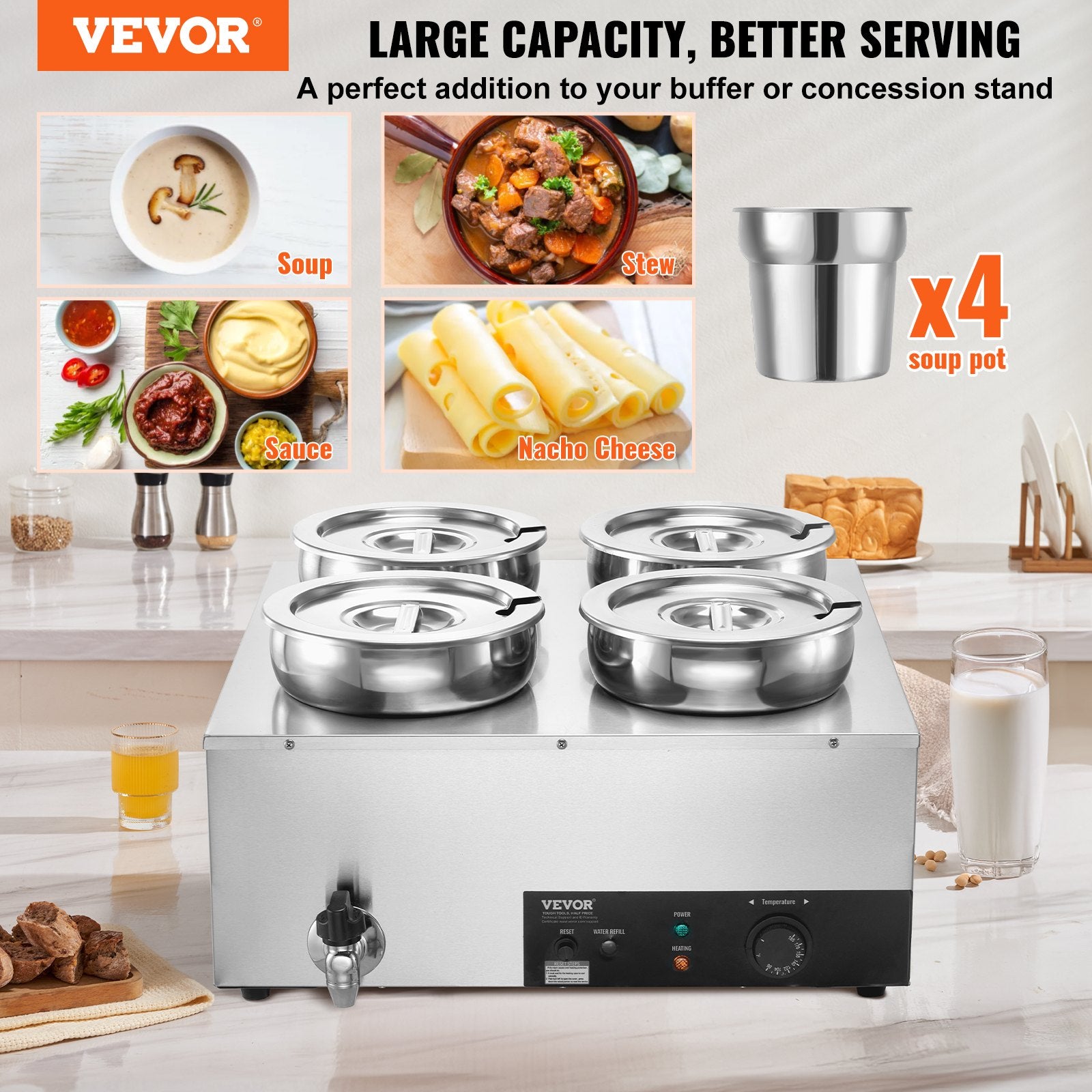 Food Warmers & Chafing Dishes: VEVOR Commercial Soup Warmer Soup Station with 4*7.4Qt Pot Soup Kettle Warmer