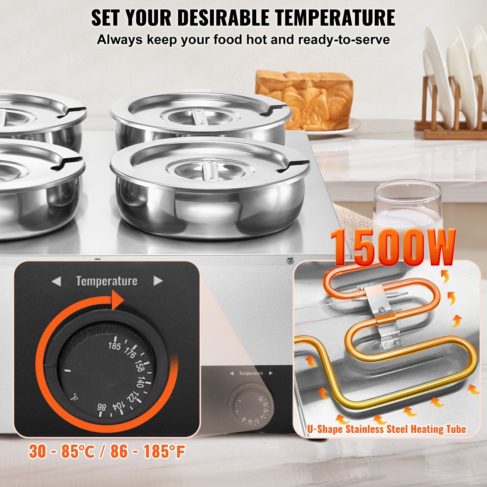 Food Warmers & Chafing Dishes: VEVOR Commercial Soup Warmer Soup Station with 4*7.4Qt Pot Soup Kettle Warmer