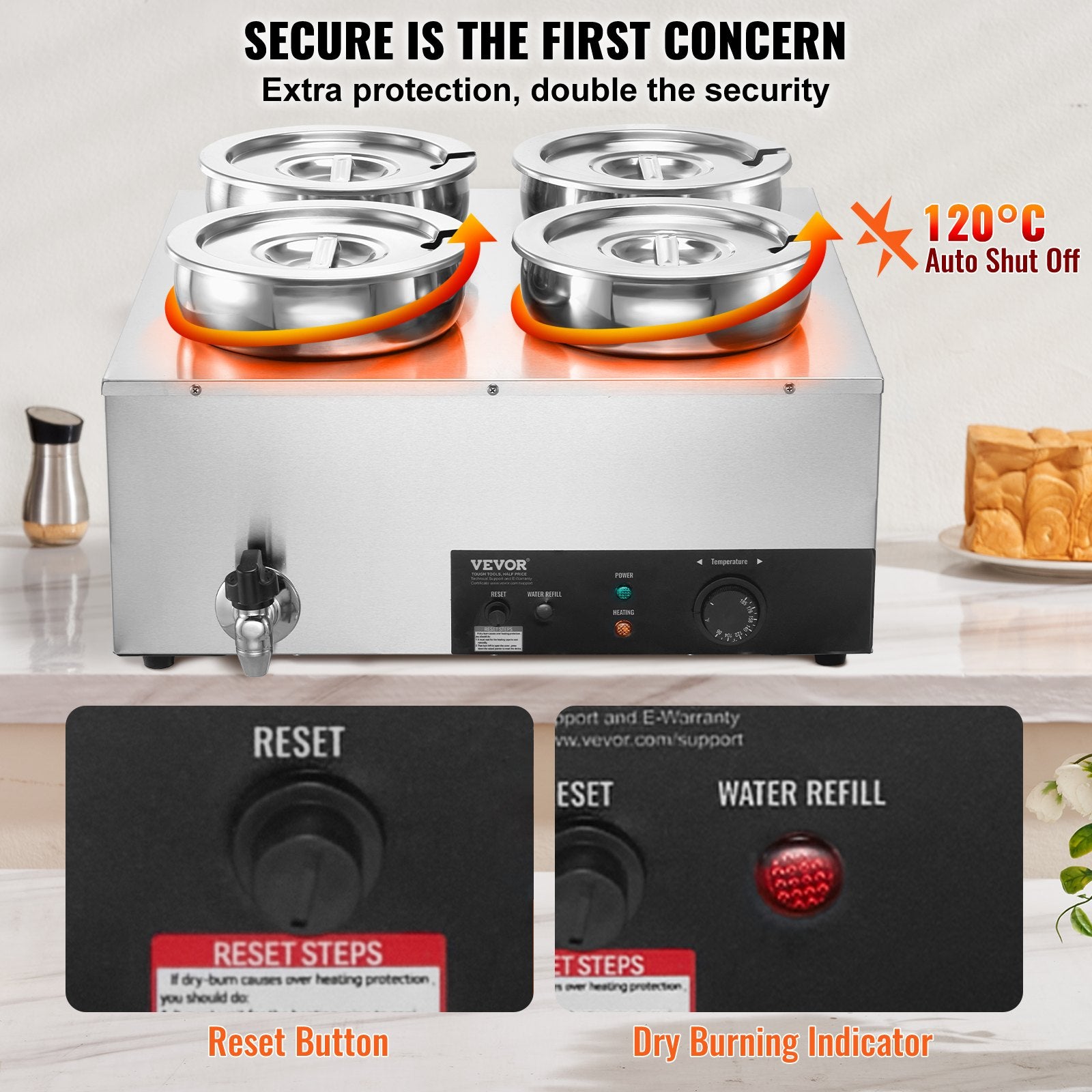 Food Warmers & Chafing Dishes: VEVOR Commercial Soup Warmer Soup Station with 4*7.4Qt Pot Soup Kettle Warmer